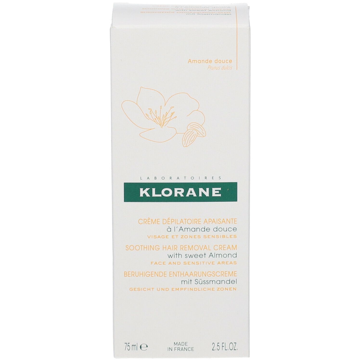 Emballage de la crème dépilatoire KLORANE. Boîte blanche avec design floral jaune. Texte: 75 ml.
