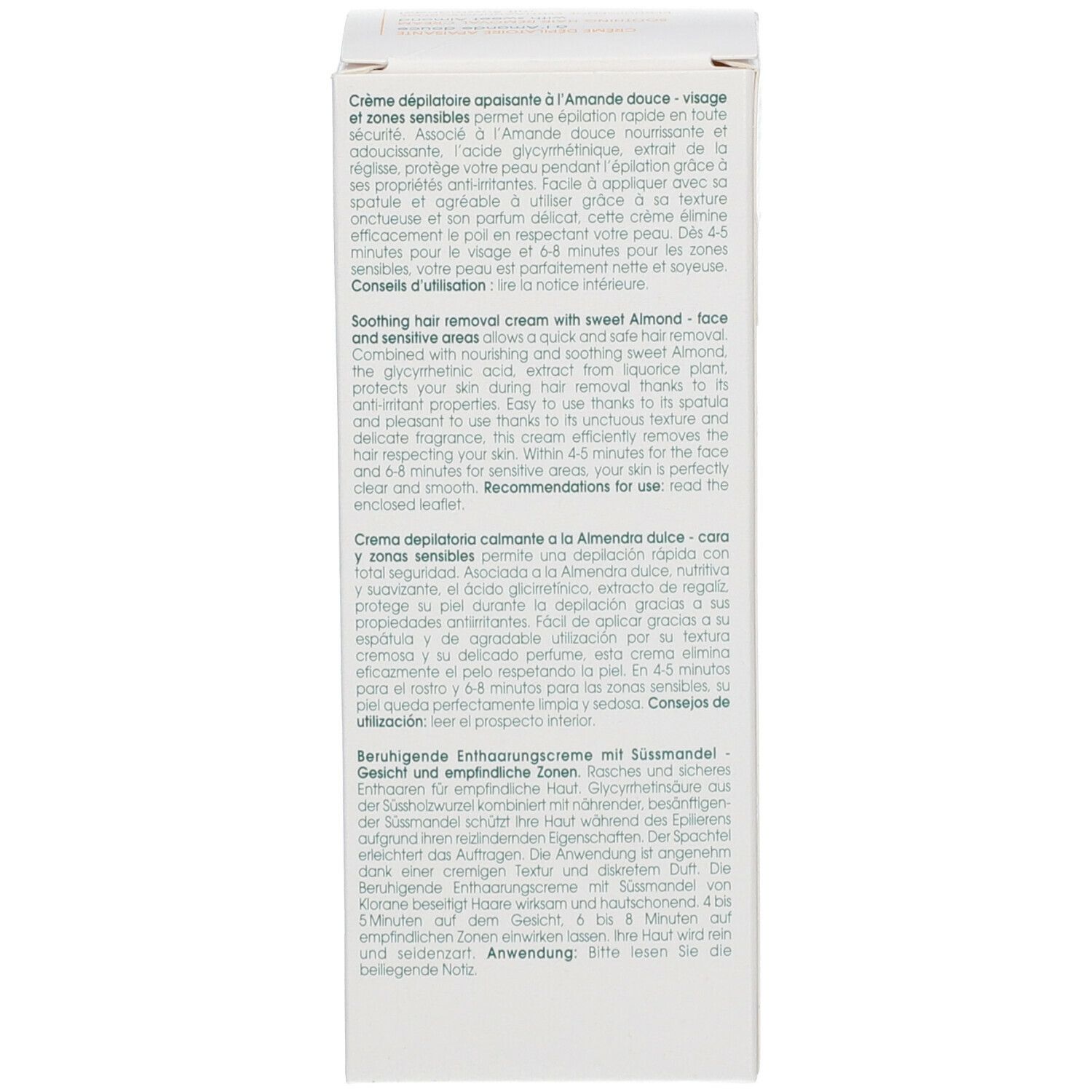 Dos de l'emballage de la crème dépilatoire KLORANE. Texte multilingue. Informations sur l'utilisation et les ingrédients.