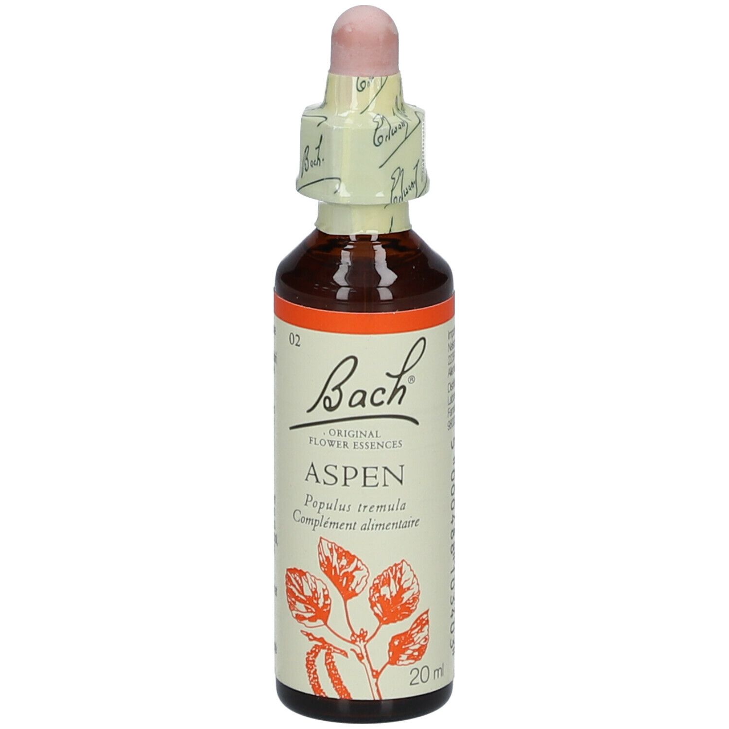 Flacon en verre brun avec pipette. Étiquette "Bach" et "Aspen".