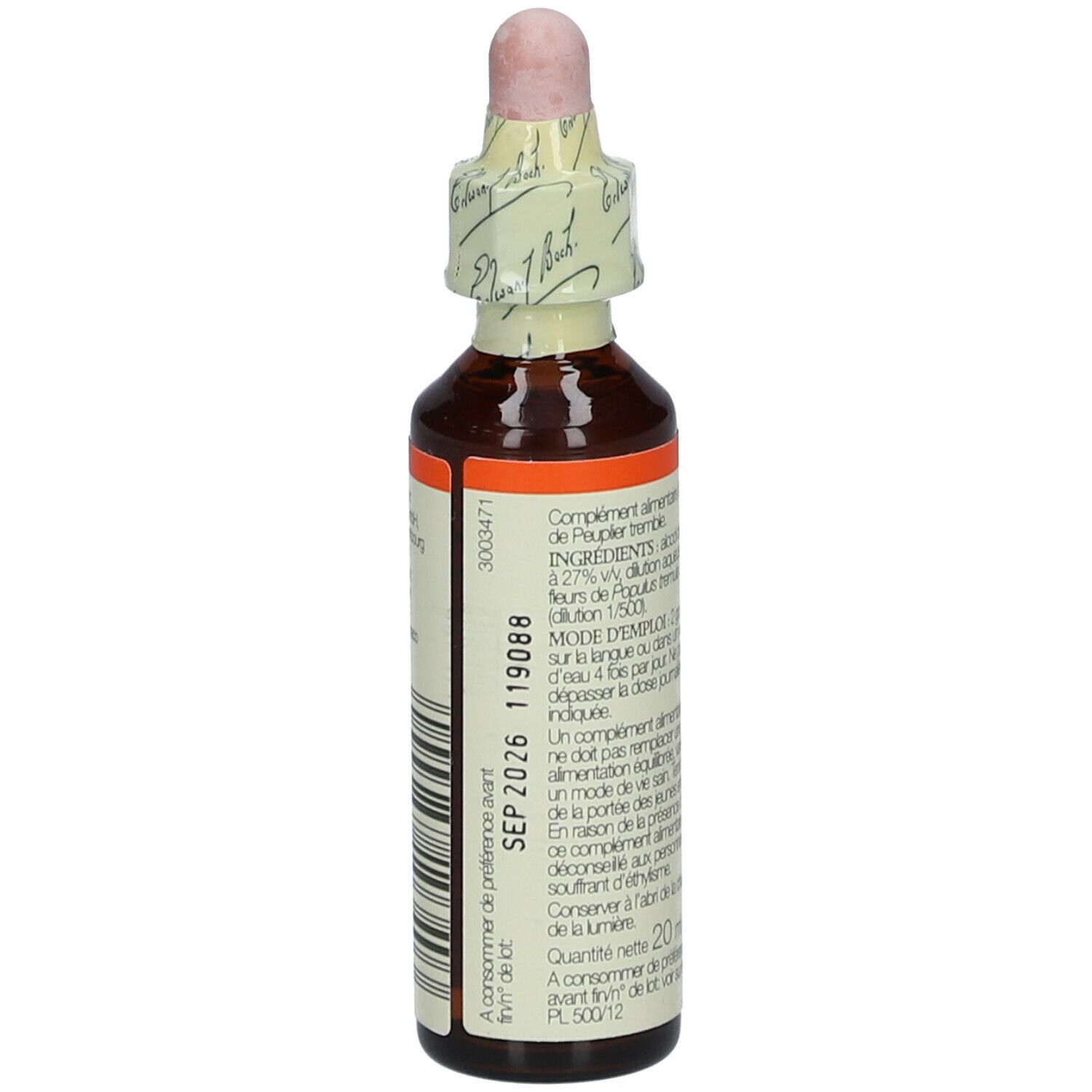 Flacon en verre brun avec pipette. Étiquette avec texte et date de péremption.
