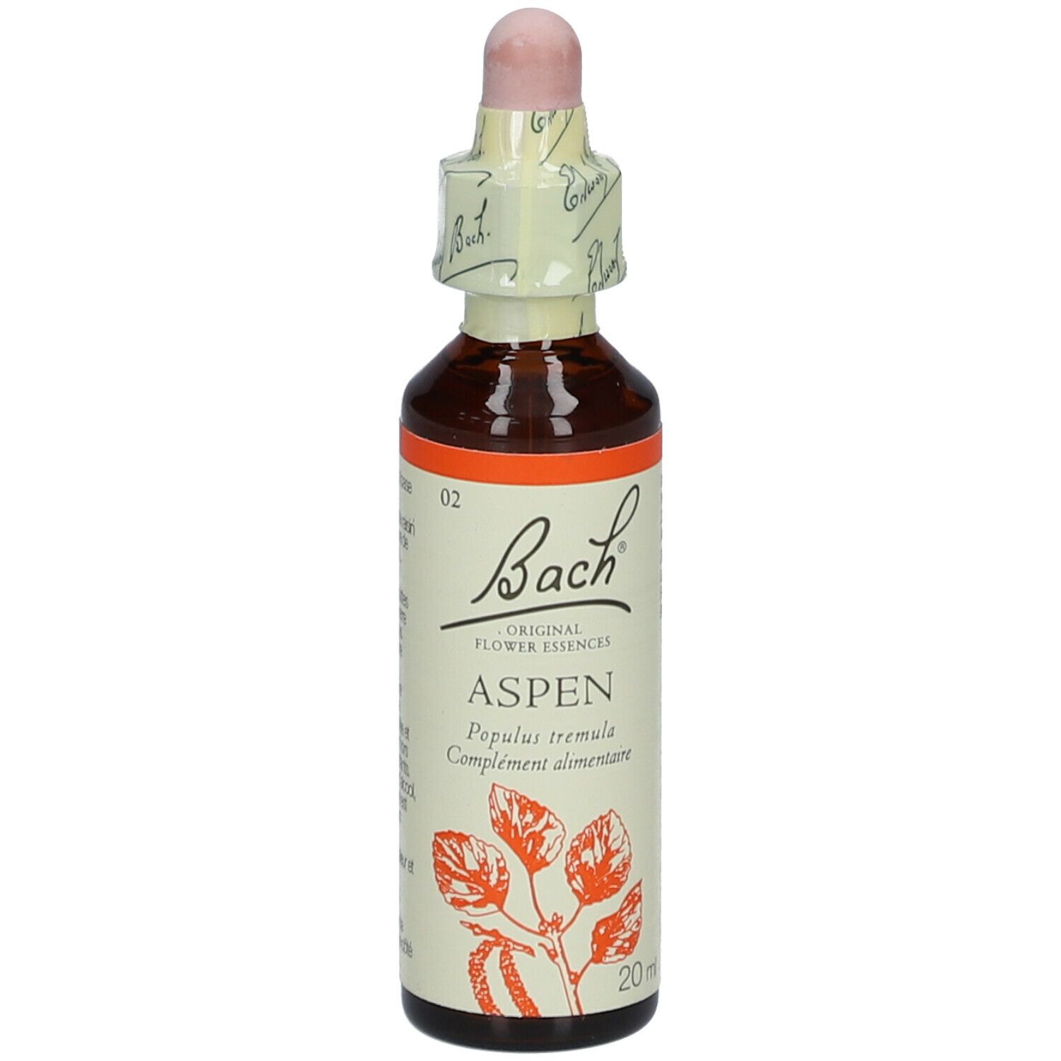 Flacon en verre brun avec pipette. Étiquette "Bach" et "Aspen".