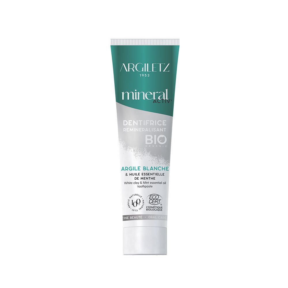 Tube de dentifrice blanc et vert. Inscriptions: Argiletz, mineral activ, Dentifrice reminéralisant BIO. Argile blanche & huile essentielle de menthe.