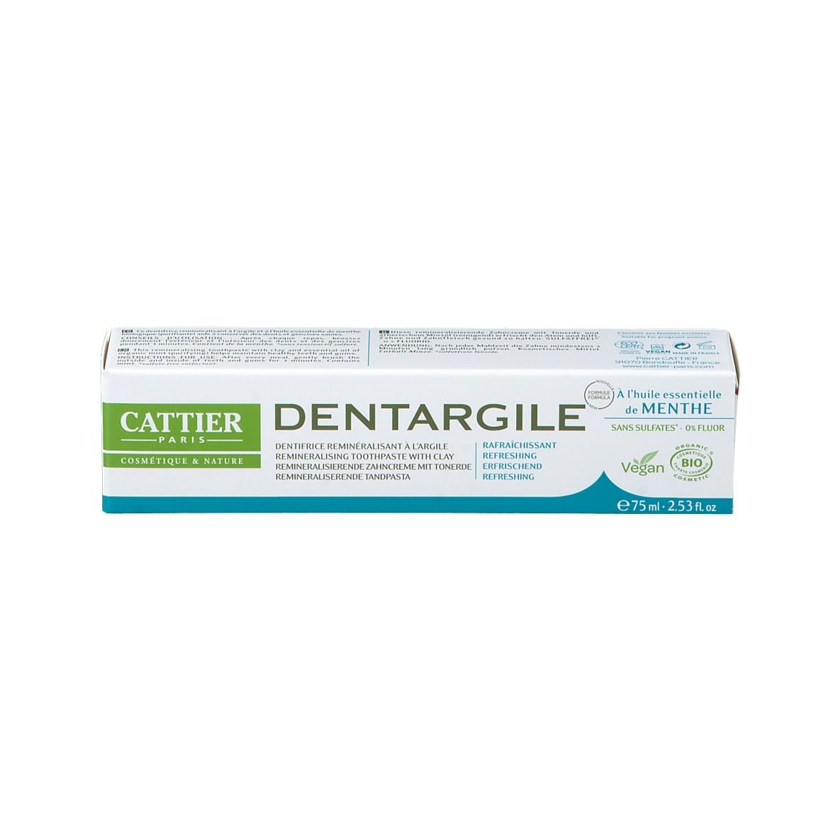 Cattier Dentifrice reminéralisant Argile Menthe Bio