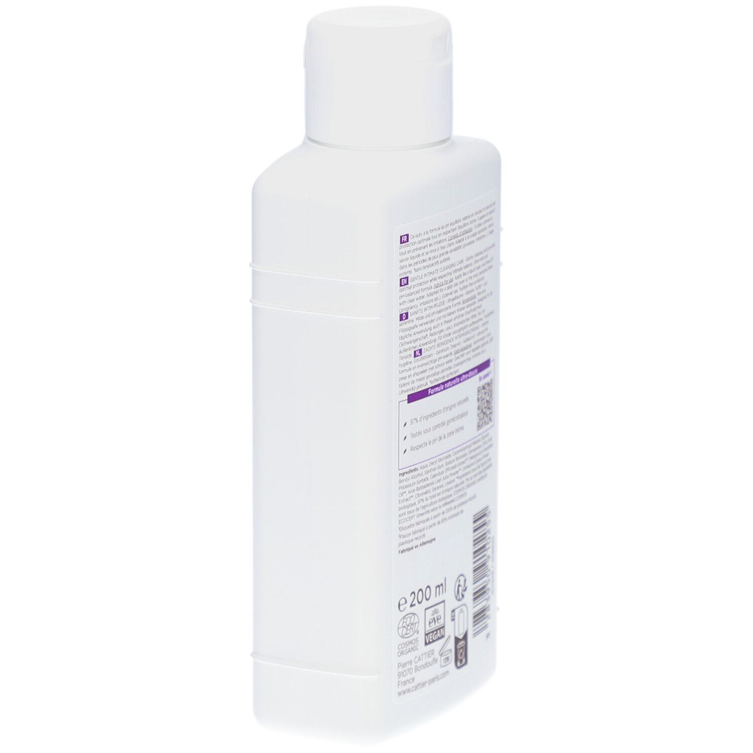 Flacon blanc, dos avec texte et QR code. Inscriptions: 200 ml, Vegan, Bio. Informations fabricant.