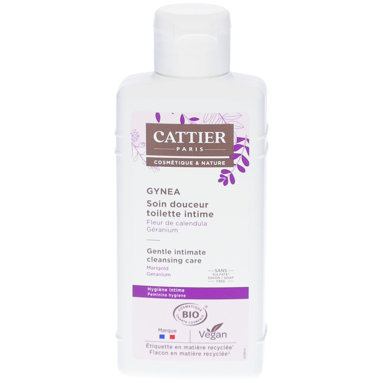 Flacon blanc avec bouchon rabattable. Inscriptions: Cattier, Gynéa, Soin douceur toilette intime. Bio, Vegan.