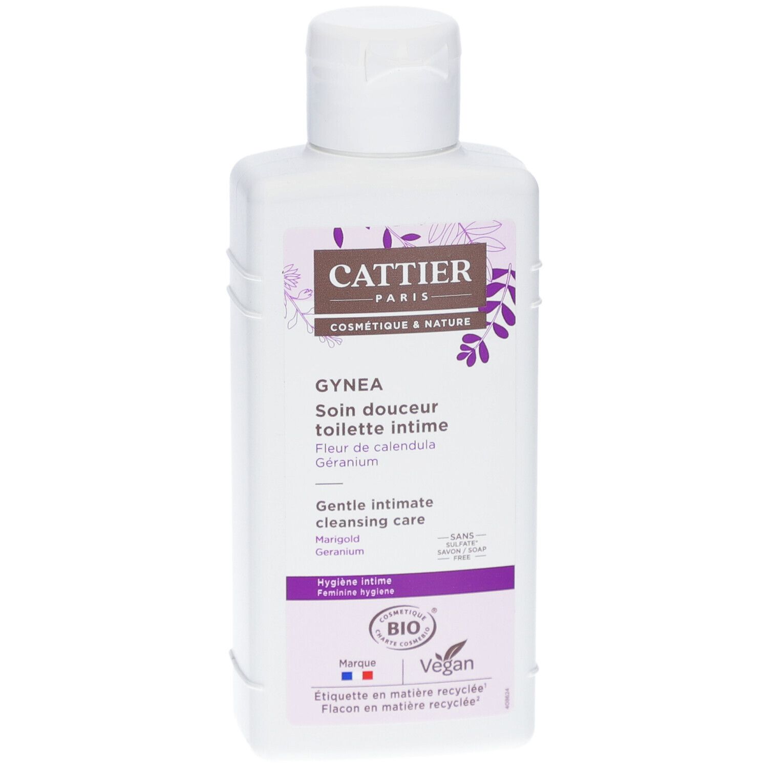 Flacon blanc avec bouchon rabattable. Inscriptions: Cattier, Gynéa, Soin douceur toilette intime. Bio, Vegan.