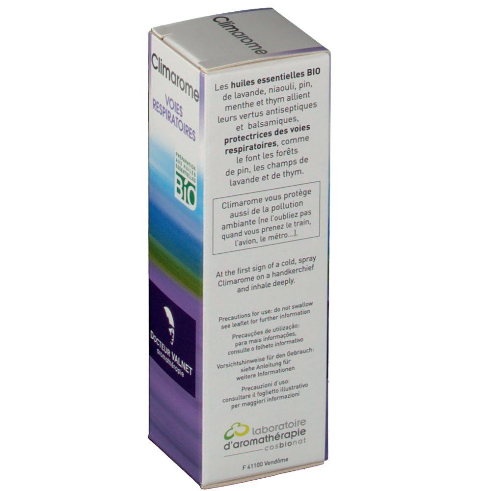 Boîte avec texte sur les huiles essentielles et certification bio. Nom de marque et logo visibles.