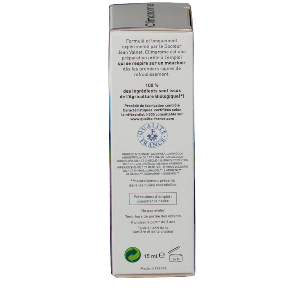 Boîte avec texte, label de qualité et indication de volume. Nom de marque et logo visibles.