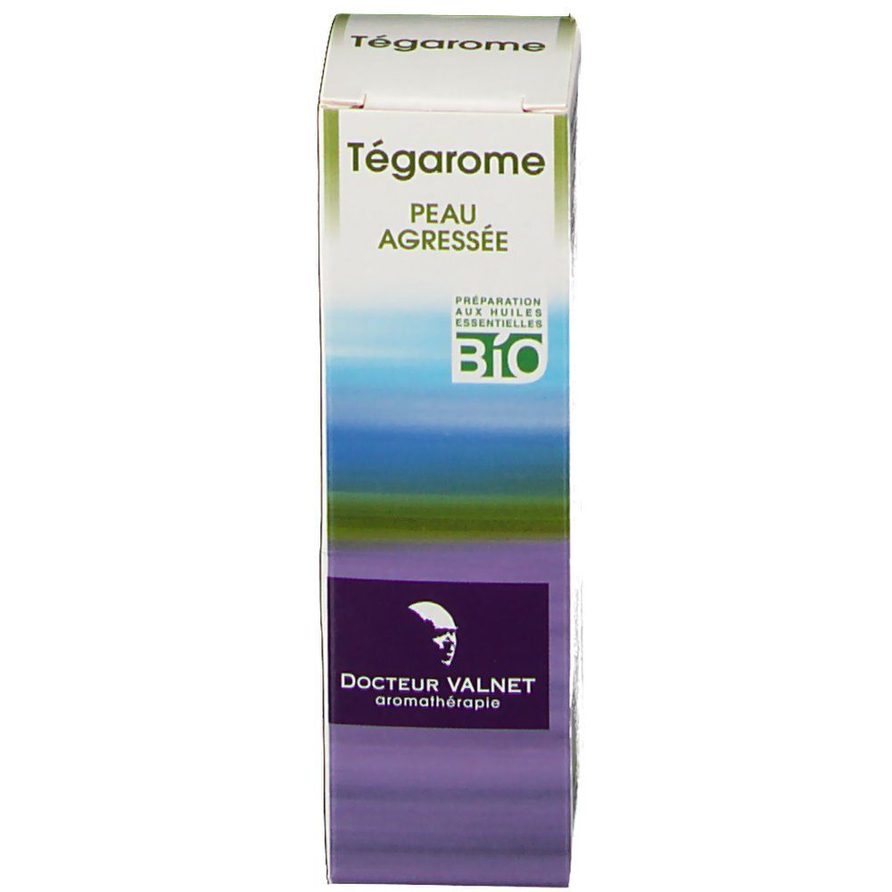 Emballage Tegarome. Peau Agressée. Certification Bio. Logo Docteur Valnet. Dégradé de bleu à violet.