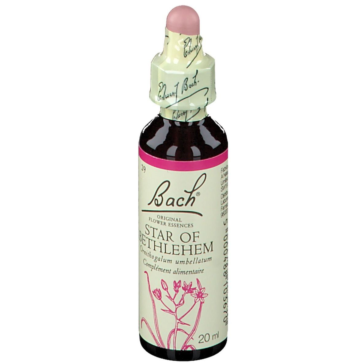 Flacon en verre brun avec bouchon rose. Étiquette : Star of Bethlehem, Ornithogalum umbellatum, 20ml.