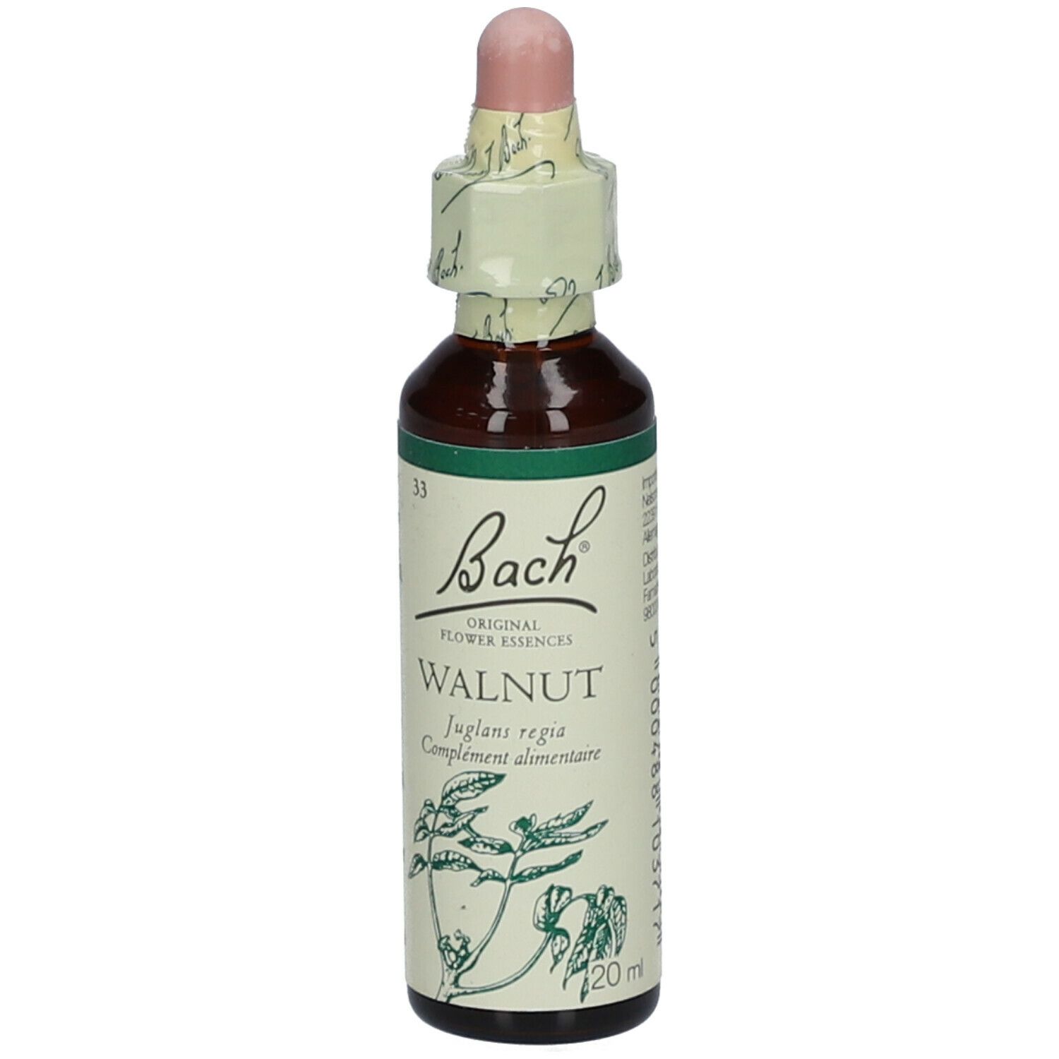 Flacon brun avec compte-gouttes. Étiquette 'Bach' et 'Walnut'.