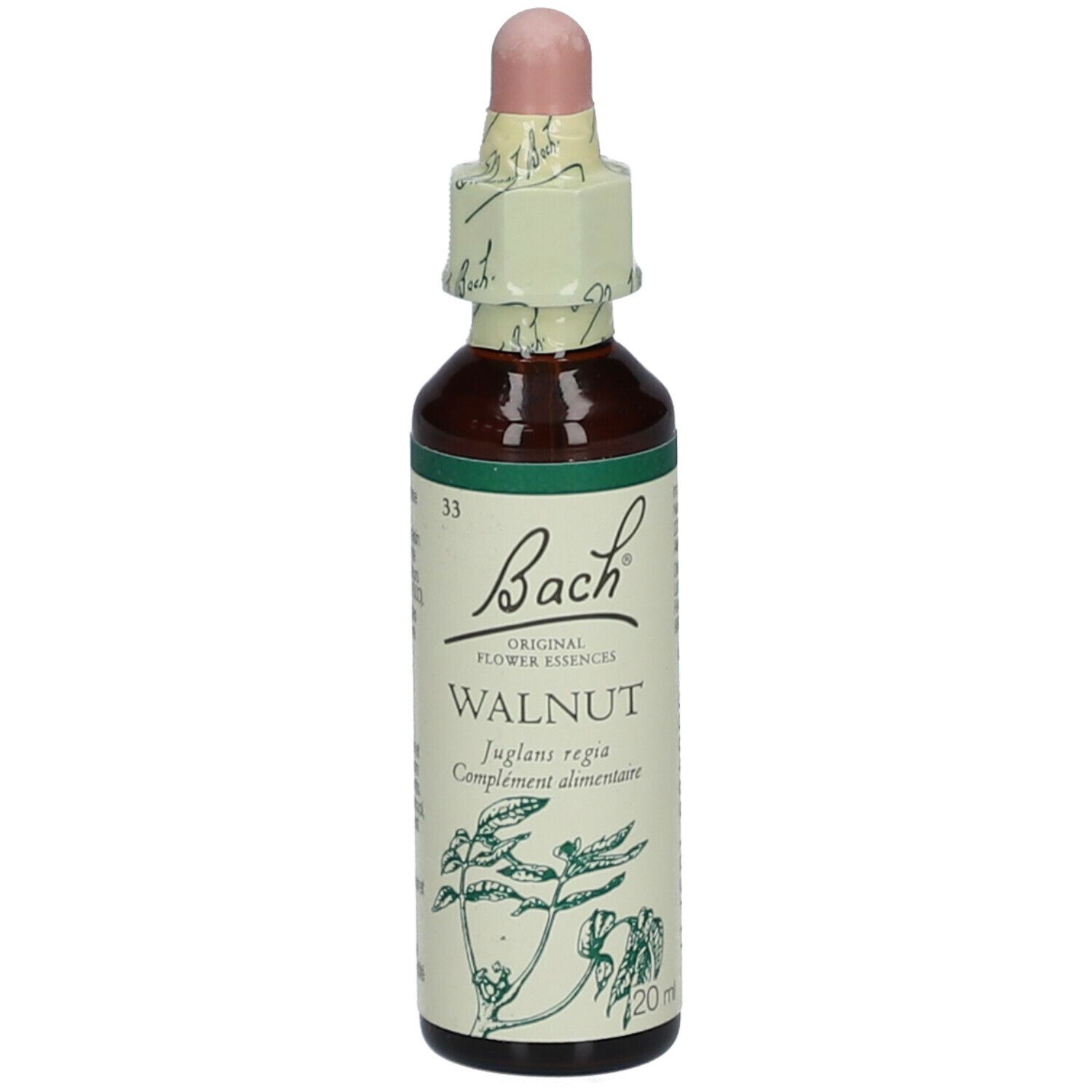 Flacon brun avec compte-gouttes. Étiquette 'Bach' et 'Walnut'.