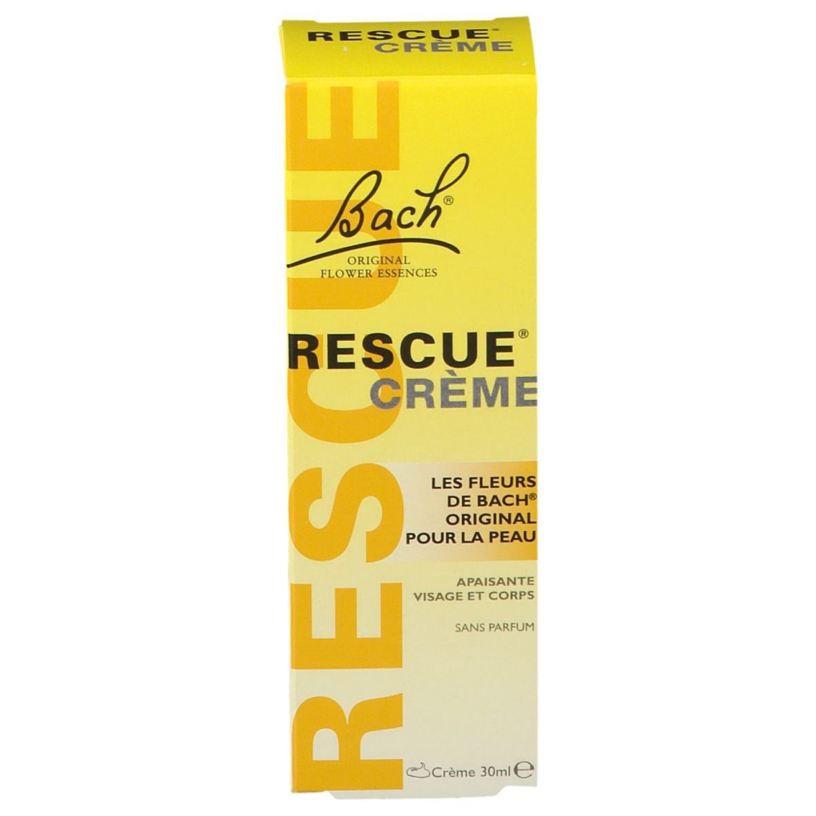 Boîte jaune "Rescue Crème". Texte: Bach Original Flower Essences. 30ml.
