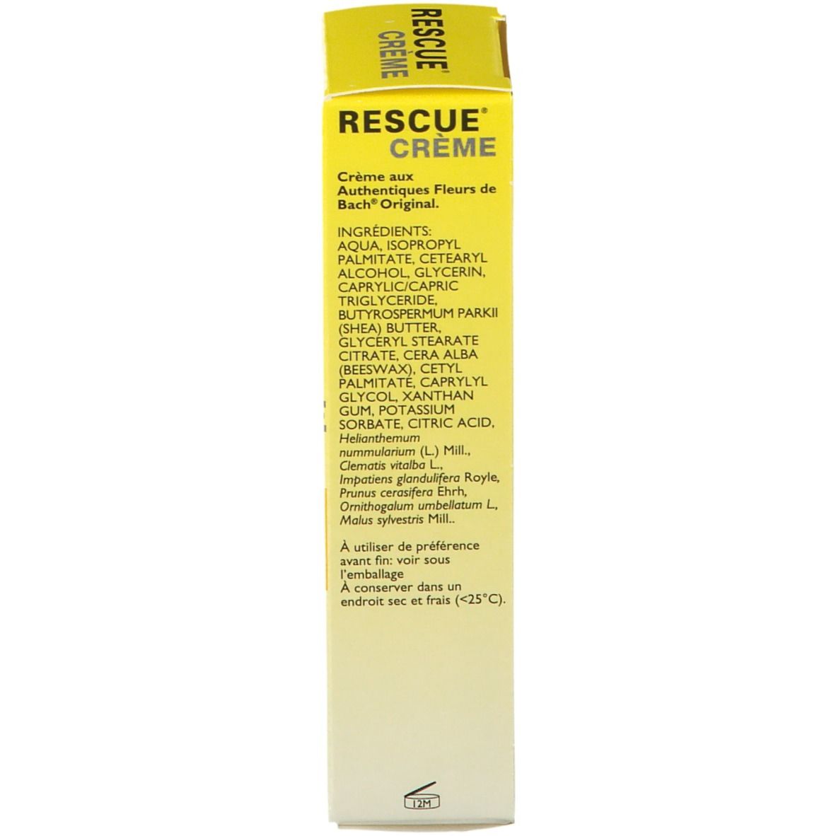 Dos de la boîte "Rescue Crème". Texte: Ingrédients, fabricant.