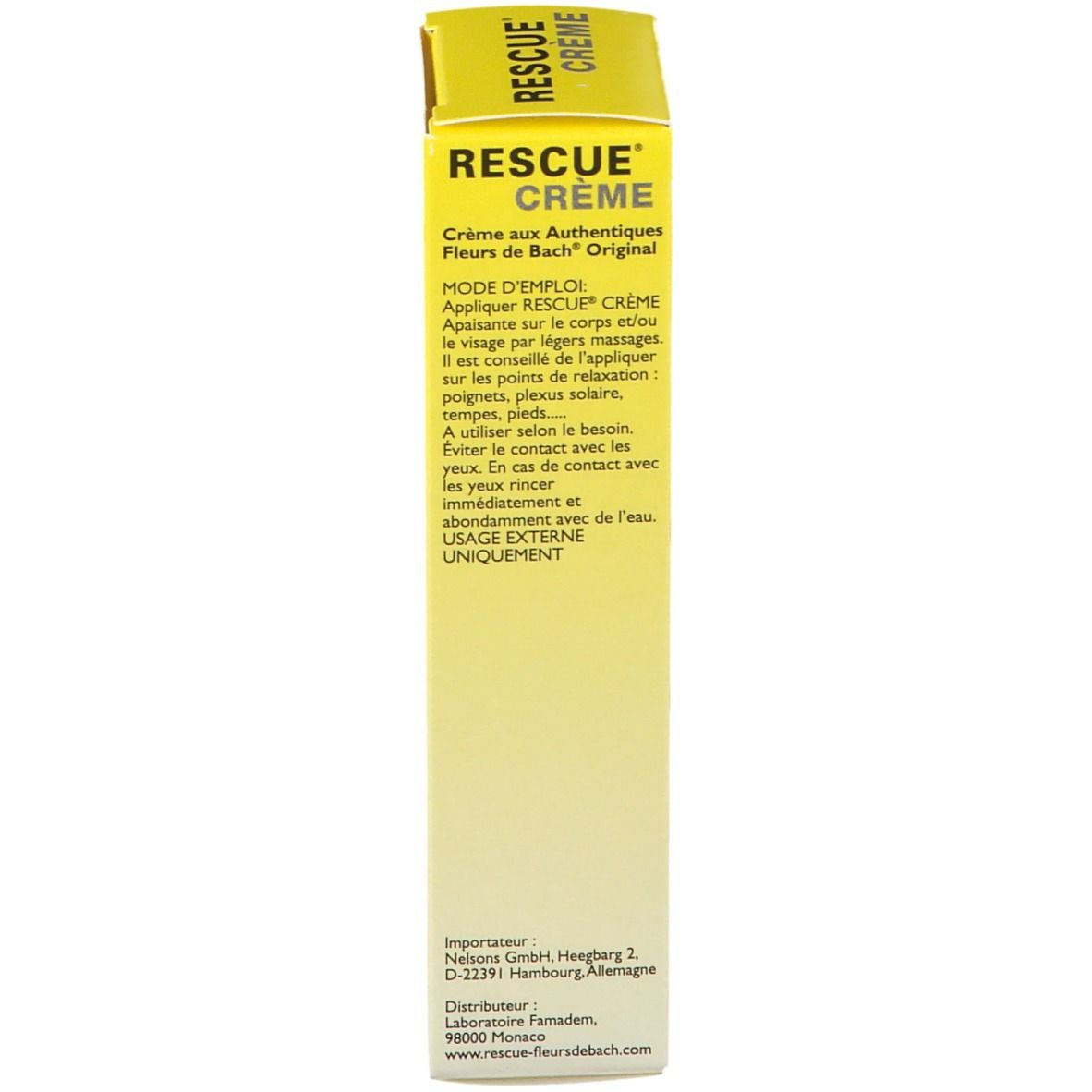 Dos de la boîte "Rescue Crème". Texte: Mode d'emploi, fabricant.