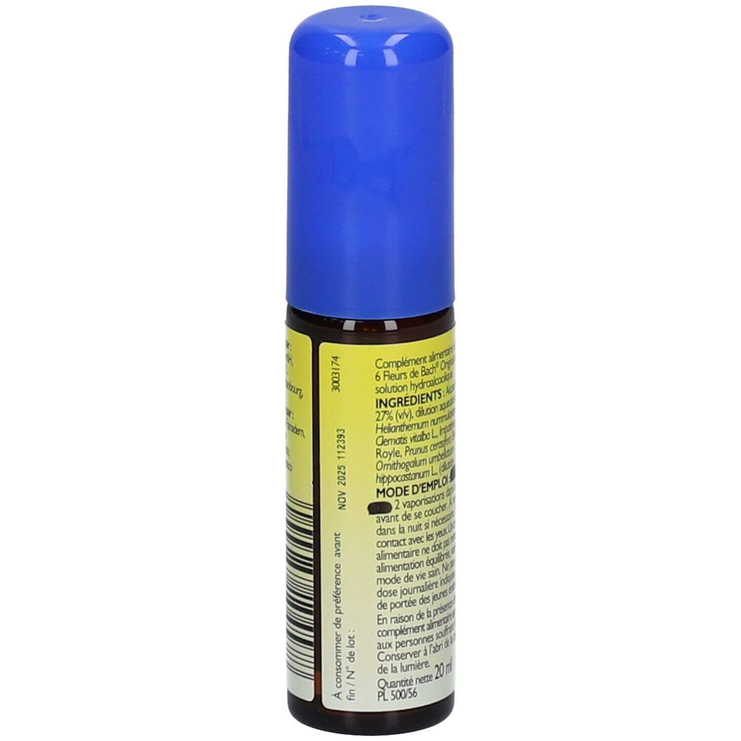 Flacon spray Rescue Nuit. Liste des ingrédients et mode d'emploi. 20ml.