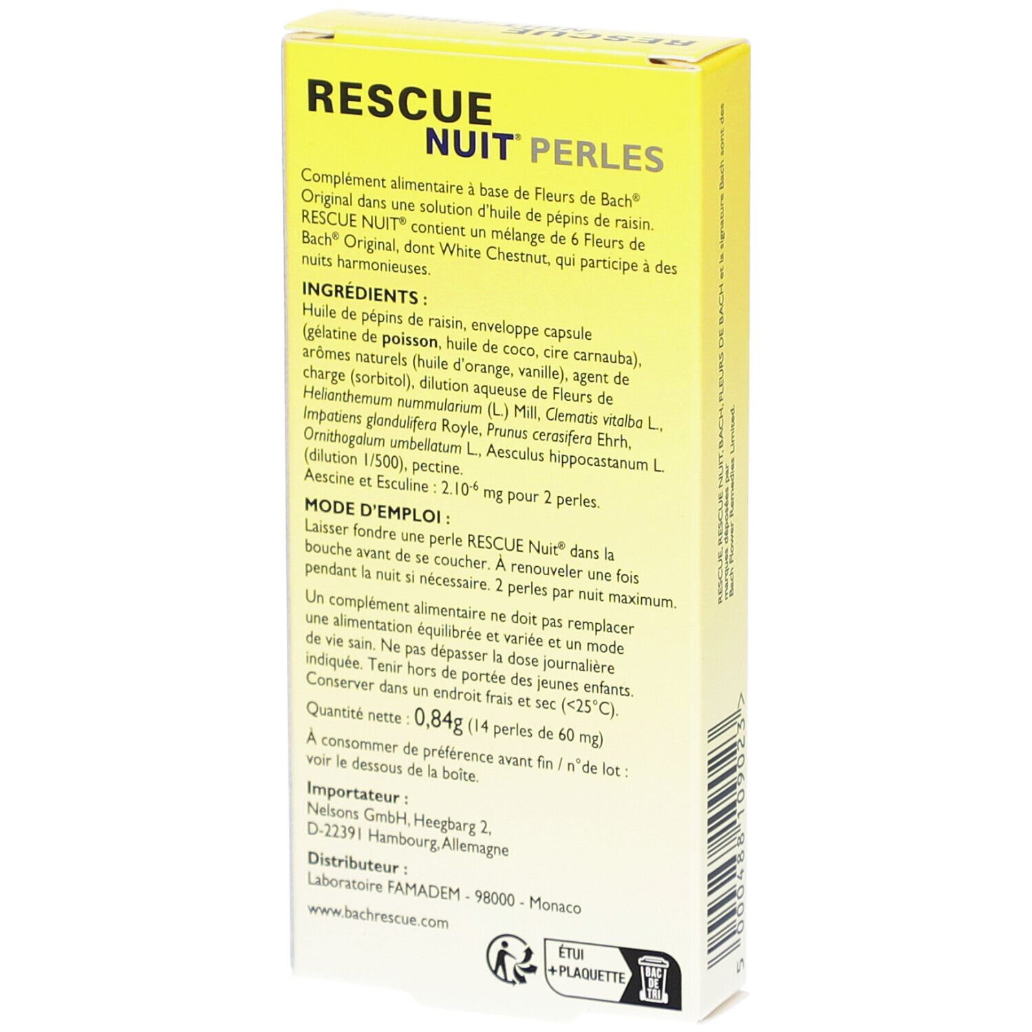 Boîte de Fleurs de Bach Rescue® Nuit Perles. 14 capsules. Jaune, bleu et blanc. Nom du produit et marque visibles.