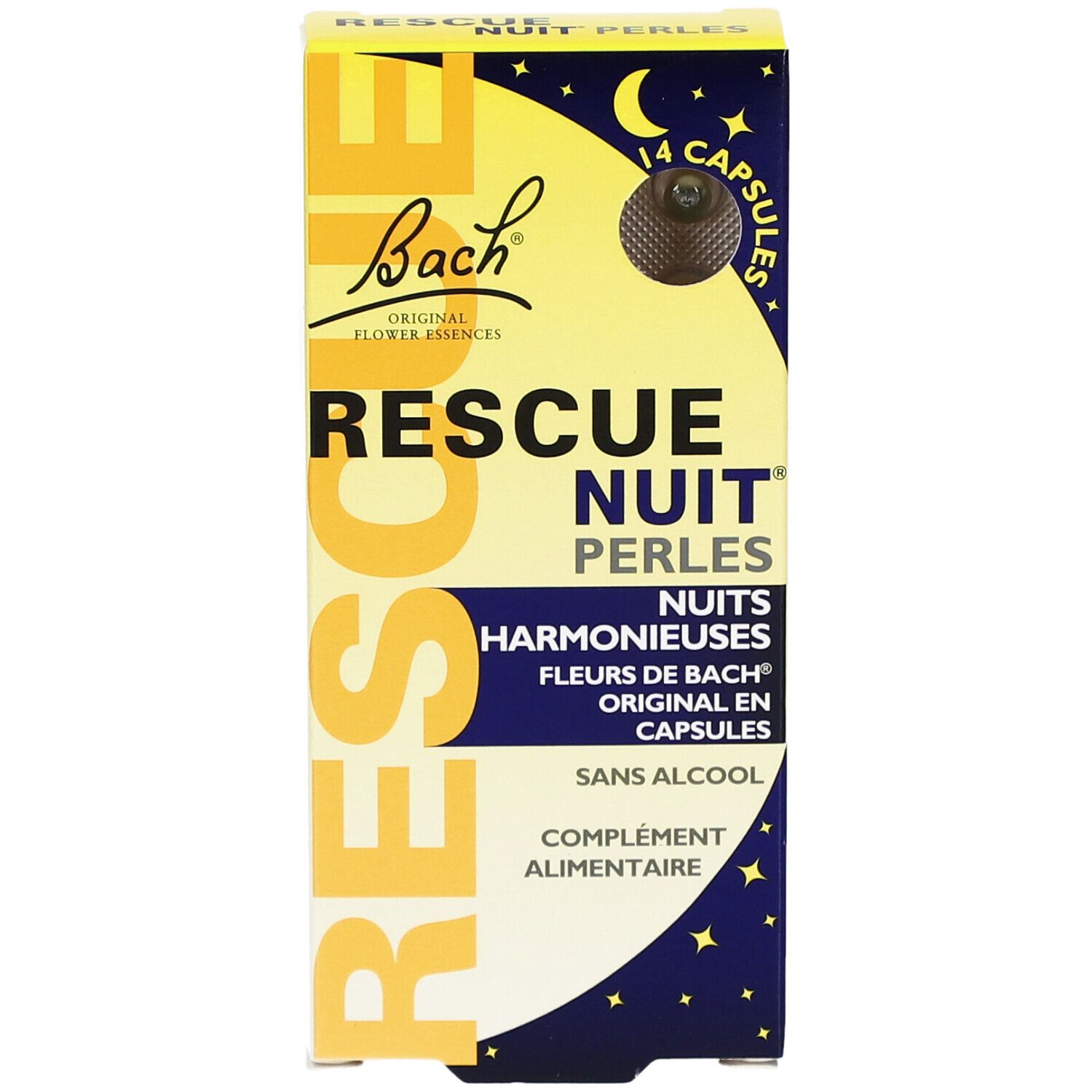 Boîte de Fleurs de Bach Rescue® Nuit Perles. 14 capsules. Jaune, bleu et blanc. Nom du produit et marque visibles.