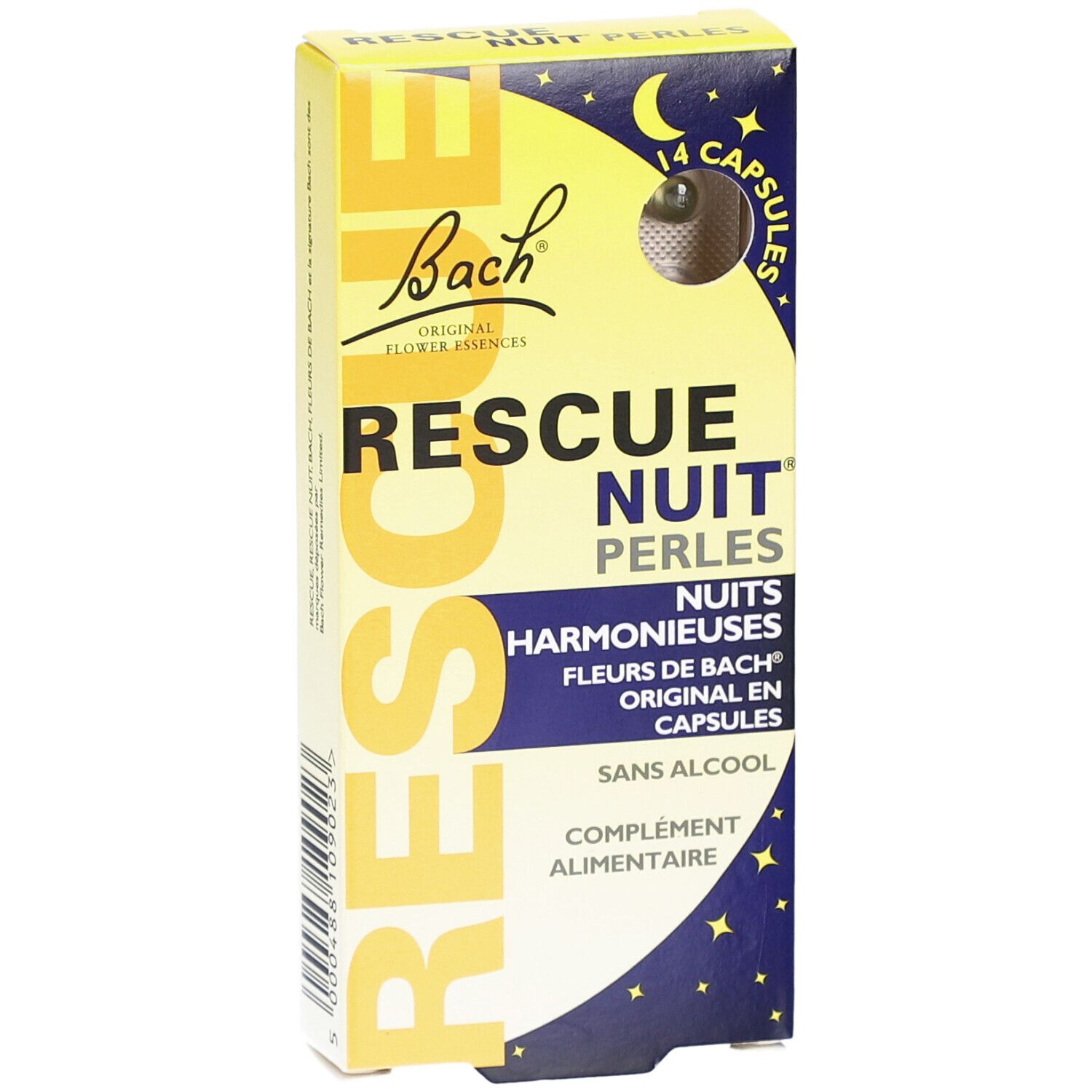 Boîte de Fleurs de Bach Rescue® Nuit Perles. 14 capsules. Jaune, bleu et blanc. Nom du produit et marque visibles.
