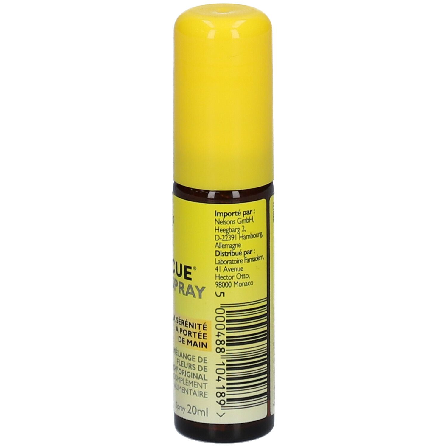 Spray Rescue Bach. Dos du flacon. Texte et ingrédients.