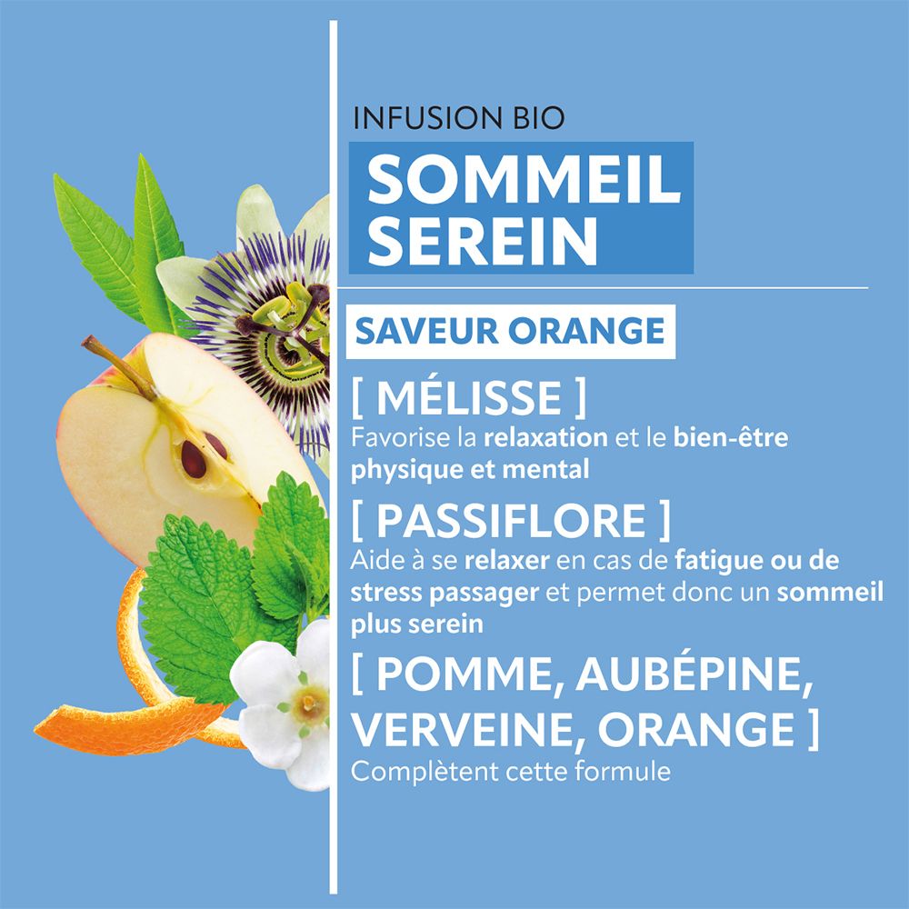 Fond bleu avec texte. Ingrédients : Mélisse, Passiflore, Pomme, Aubépine, Verveine, Orange. Texte sur la relaxation.