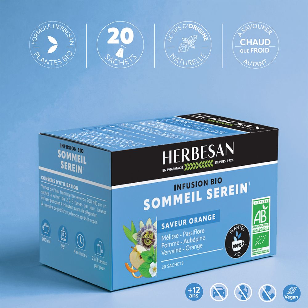 Emballage du produit : thé bio Herbesan, 20 sachets. Inscription : Infusion Bio Sommeil Serein. Avec logo bio et indication d'âge.