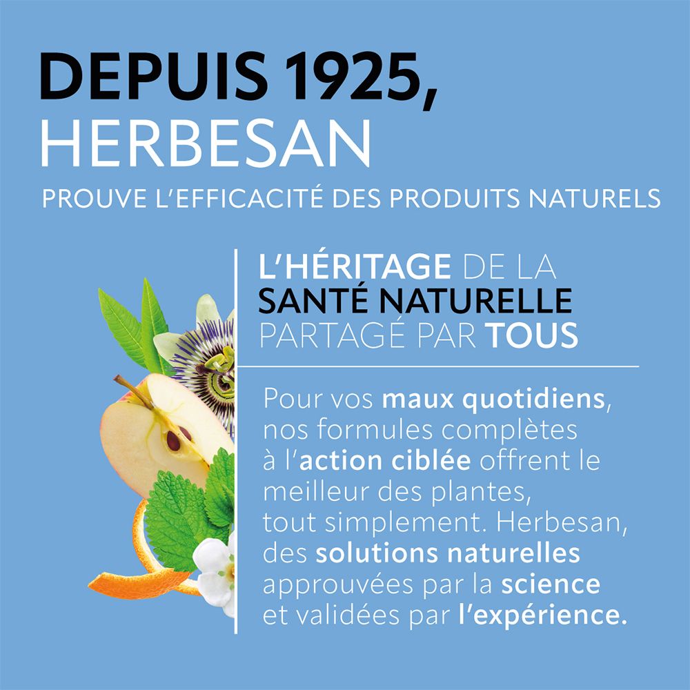 Fond bleu avec texte. Texte sur l'efficacité des produits naturels et la marque Herbesan.