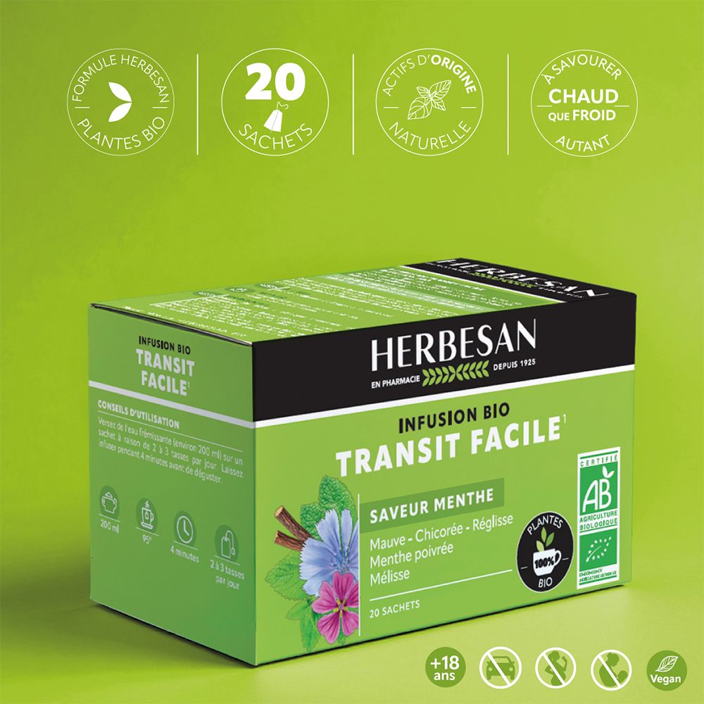 Boîte verte Herbesan, « Infusion Bio Transit Facile ». Contient 20 sachets. Label AB Bio.