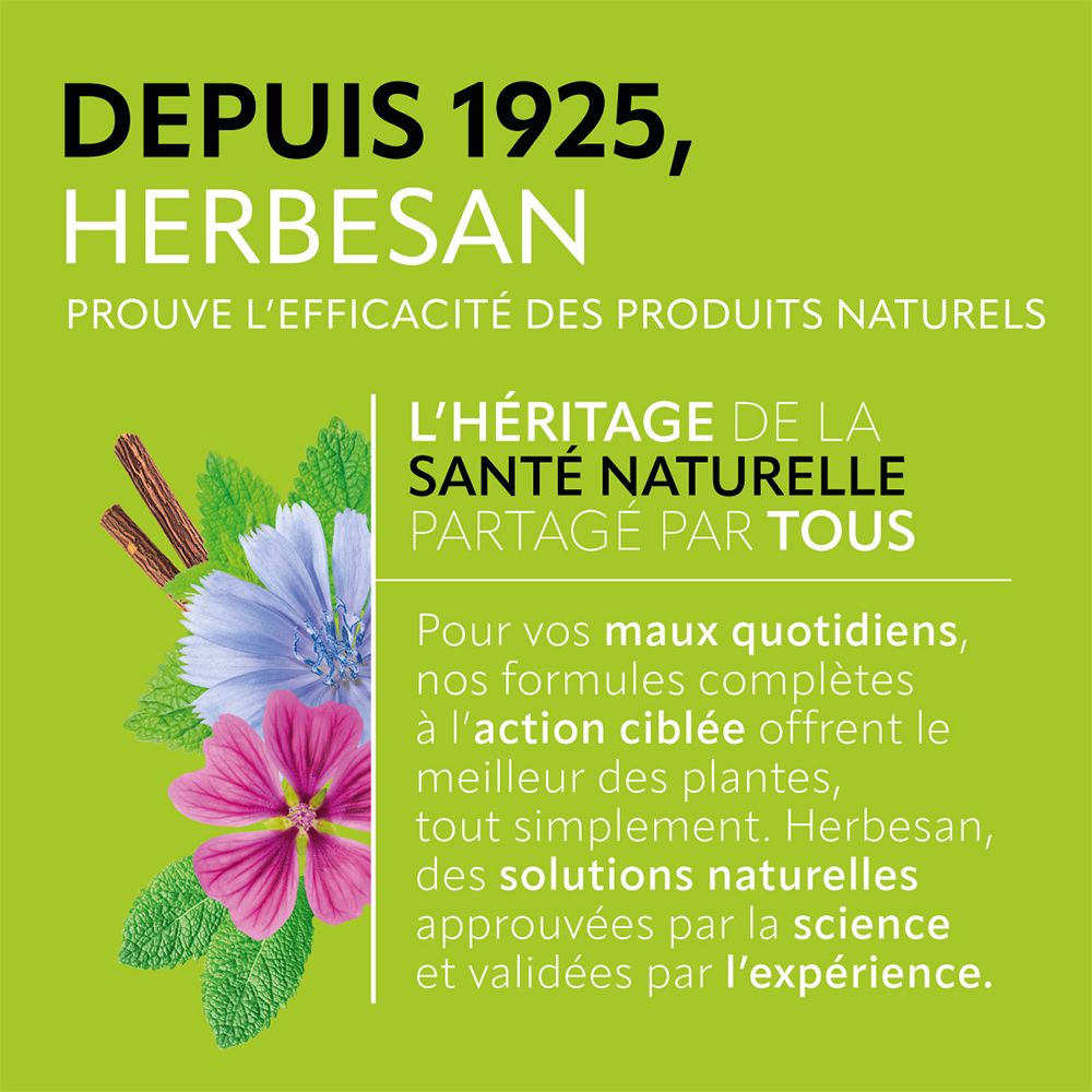 Fond vert avec texte : « Depuis 1925, Herbesan ». Texte sur la santé naturelle. Plantes et ingrédients.