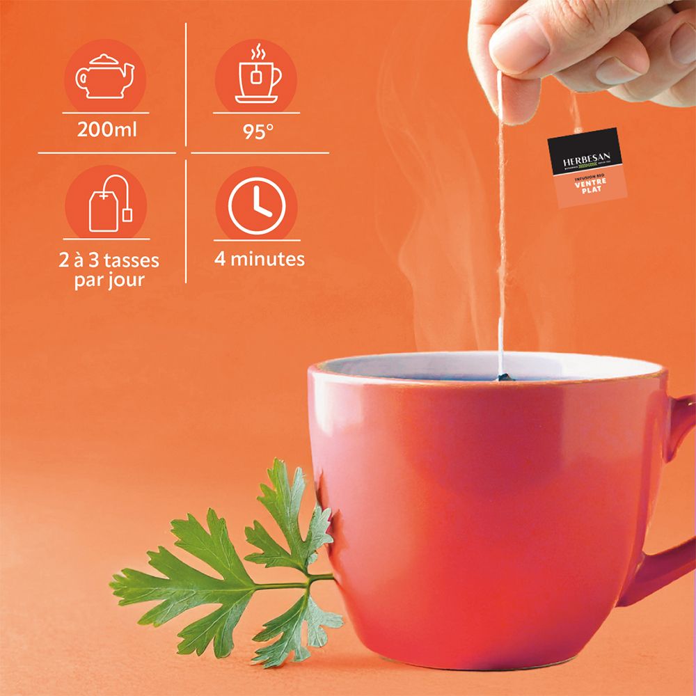 Sachet de thé dans une tasse rouge avec du thé chaud. Instructions : 200ml, 95 degrés, 4 minutes, 2-3 tasses.