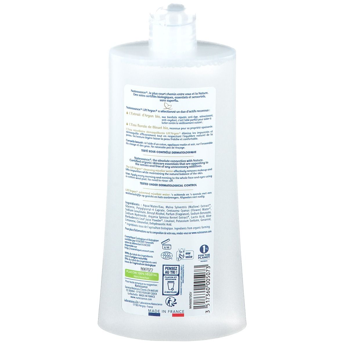 Flacon blanc avec bouchon rabattable. Étiquette avec texte et logos. Logo "Made in France".