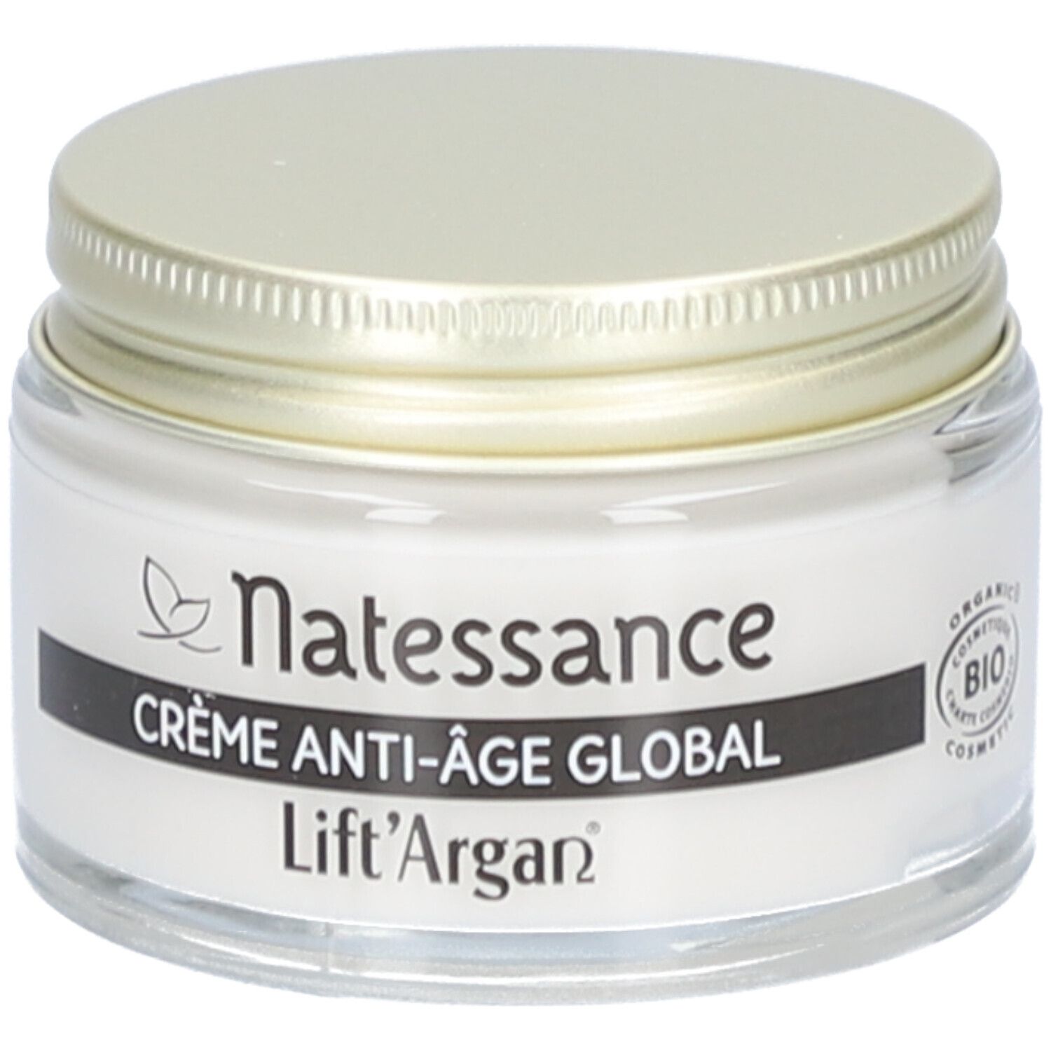 Pot de crème avec couvercle doré. Inscription : Natessance, Crème Anti-Âge Global, Lift'Argan. Certification bio.