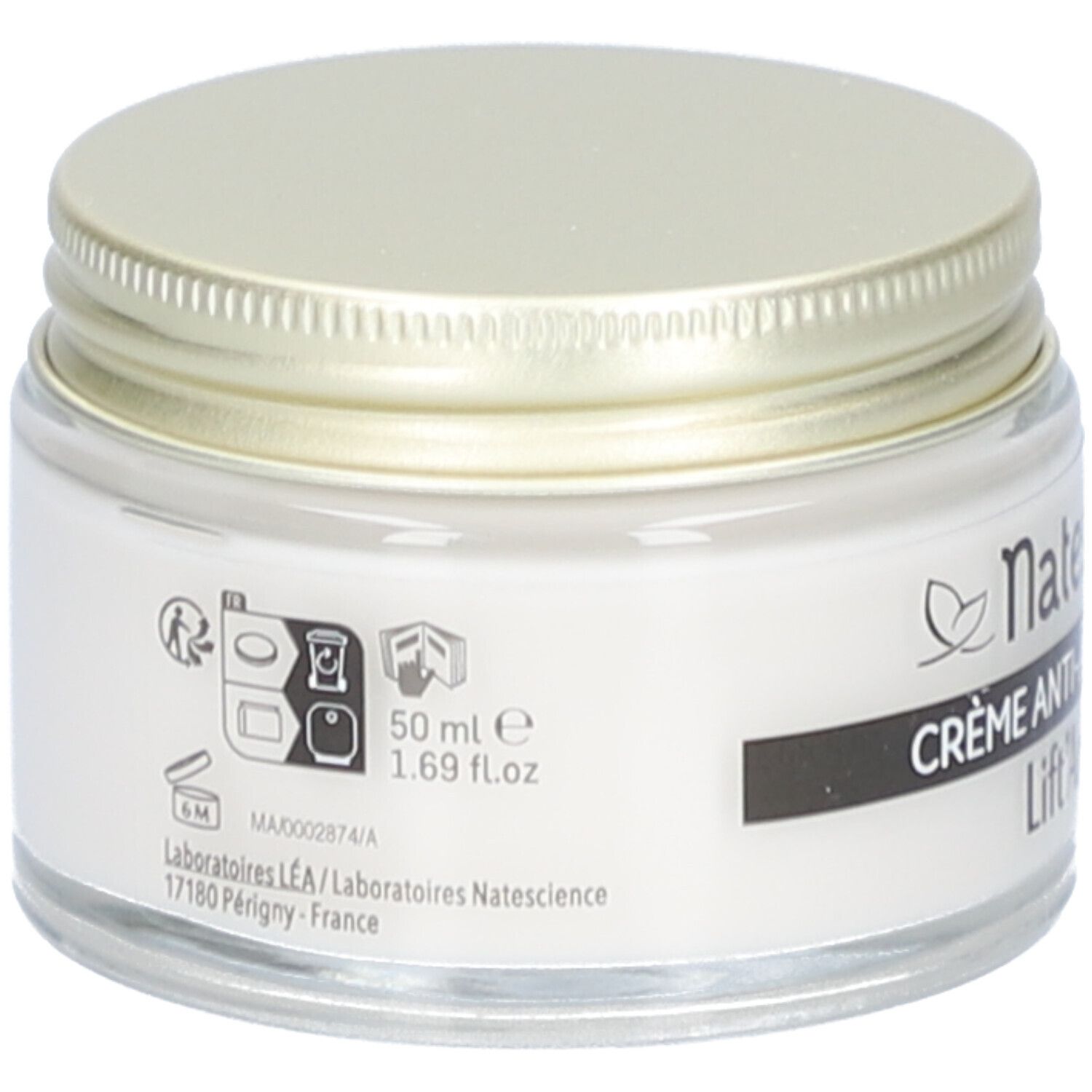 Pot de crème avec couvercle doré. Inscription : Natessance, Crème Anti-Âge Global, Lift'Argan. 50 ml, 1.69 fl.oz.