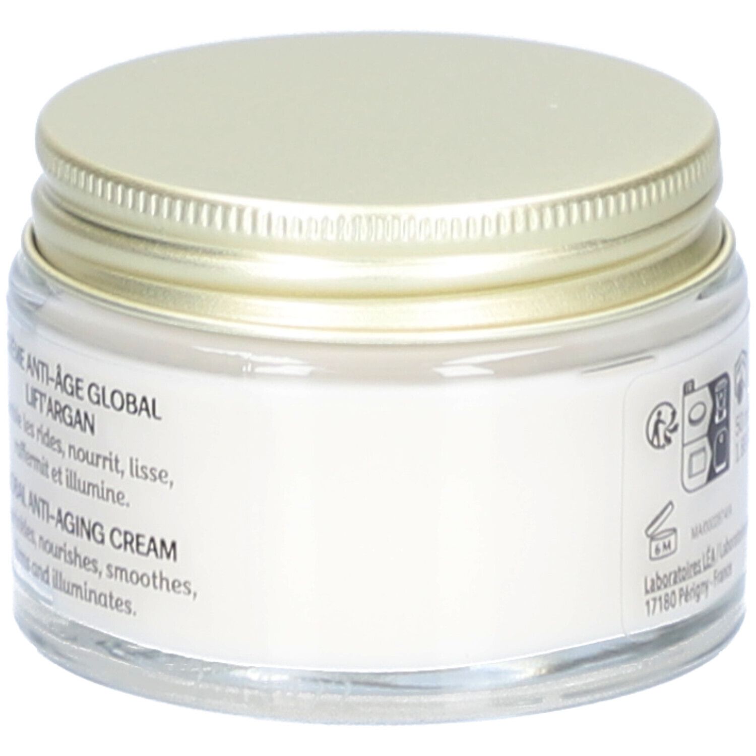 Pot de crème avec couvercle doré. Inscription : Crème Anti-Âge Global, Lift'Argan. Informations et symboles.