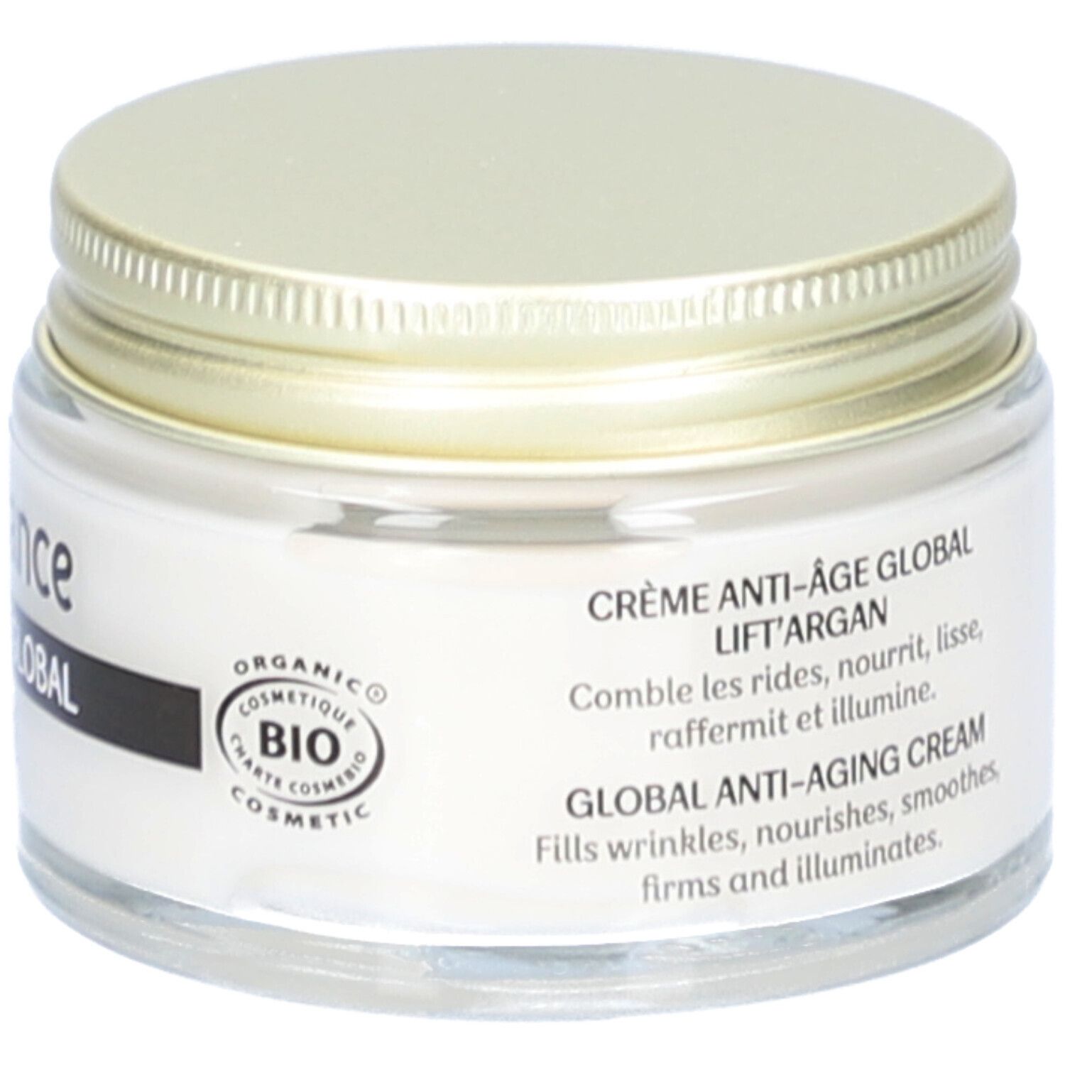 Pot de crème avec couvercle doré. Certification bio. Inscription : Crème Anti-Âge Global, Lift'Argan.