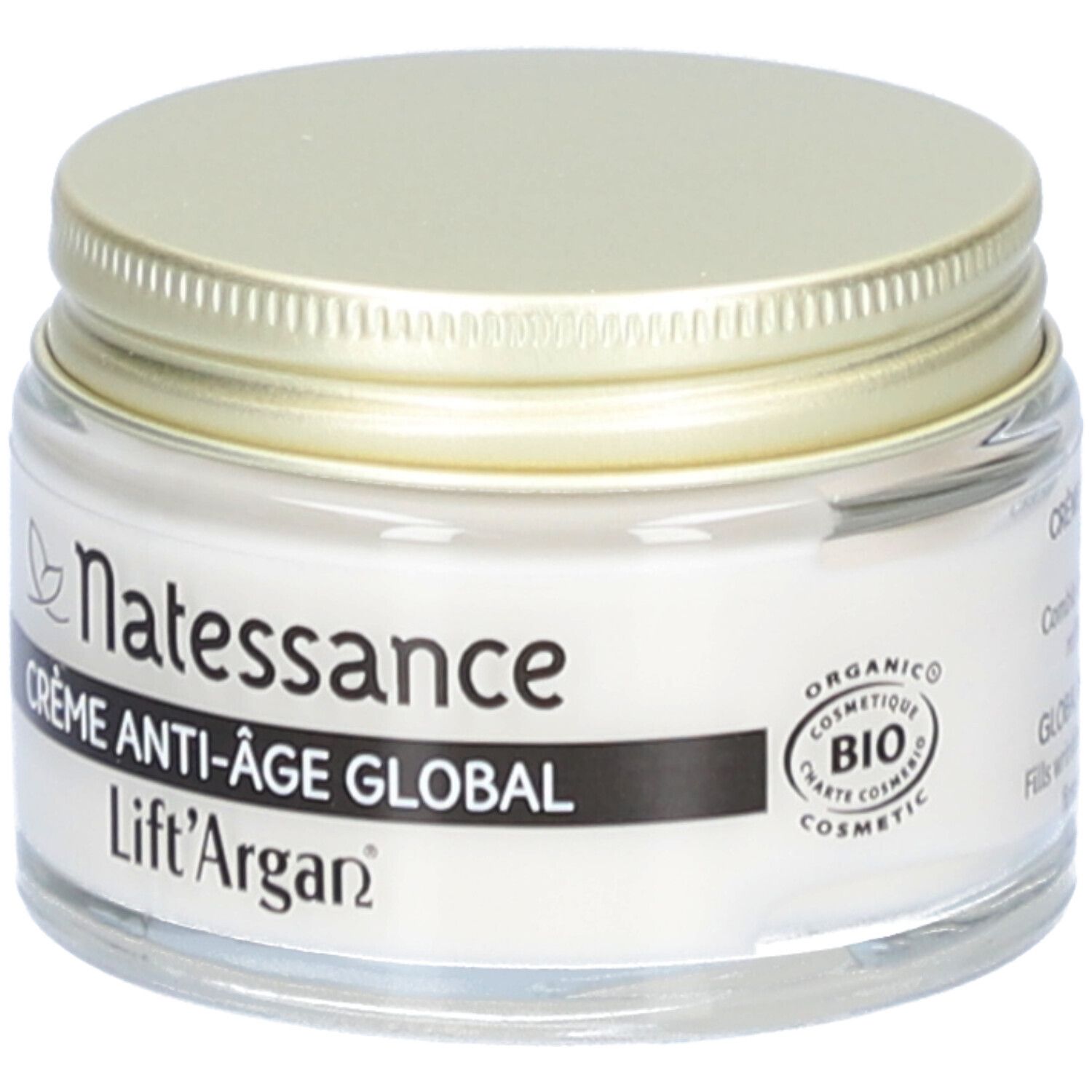 Pot de crème avec couvercle doré. Inscription : Natessance, Crème Anti-Âge Global, Lift'Argan. Certification bio.