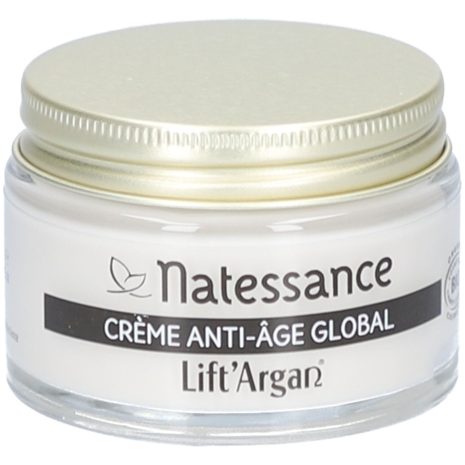 Pot de crème avec couvercle doré. Inscription : Natessance, Crème Anti-Âge Global, Lift'Argan.