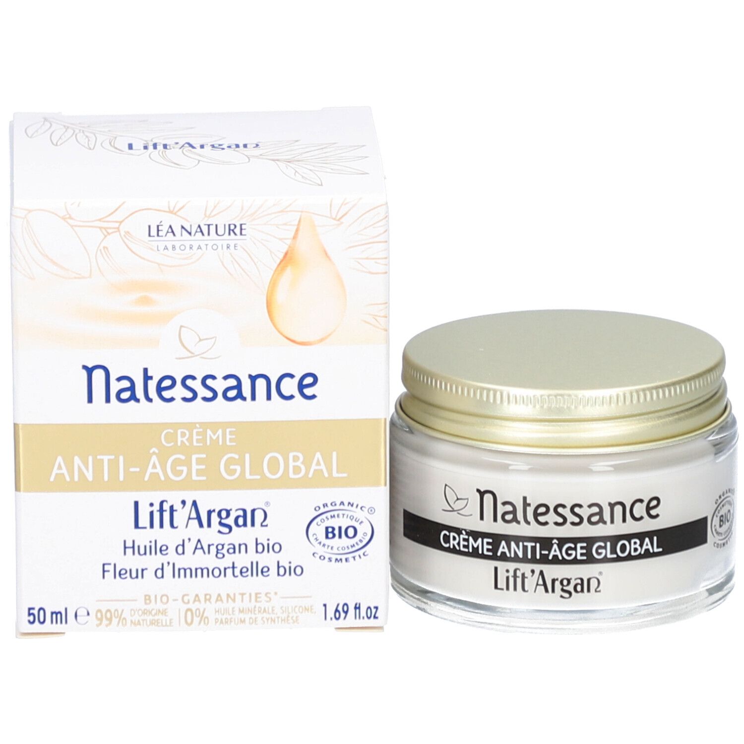 Pot de crème et emballage. Inscription : Natessance, Crème Anti-Âge Global, Lift'Argan. 50 ml, 1.69 fl.oz.