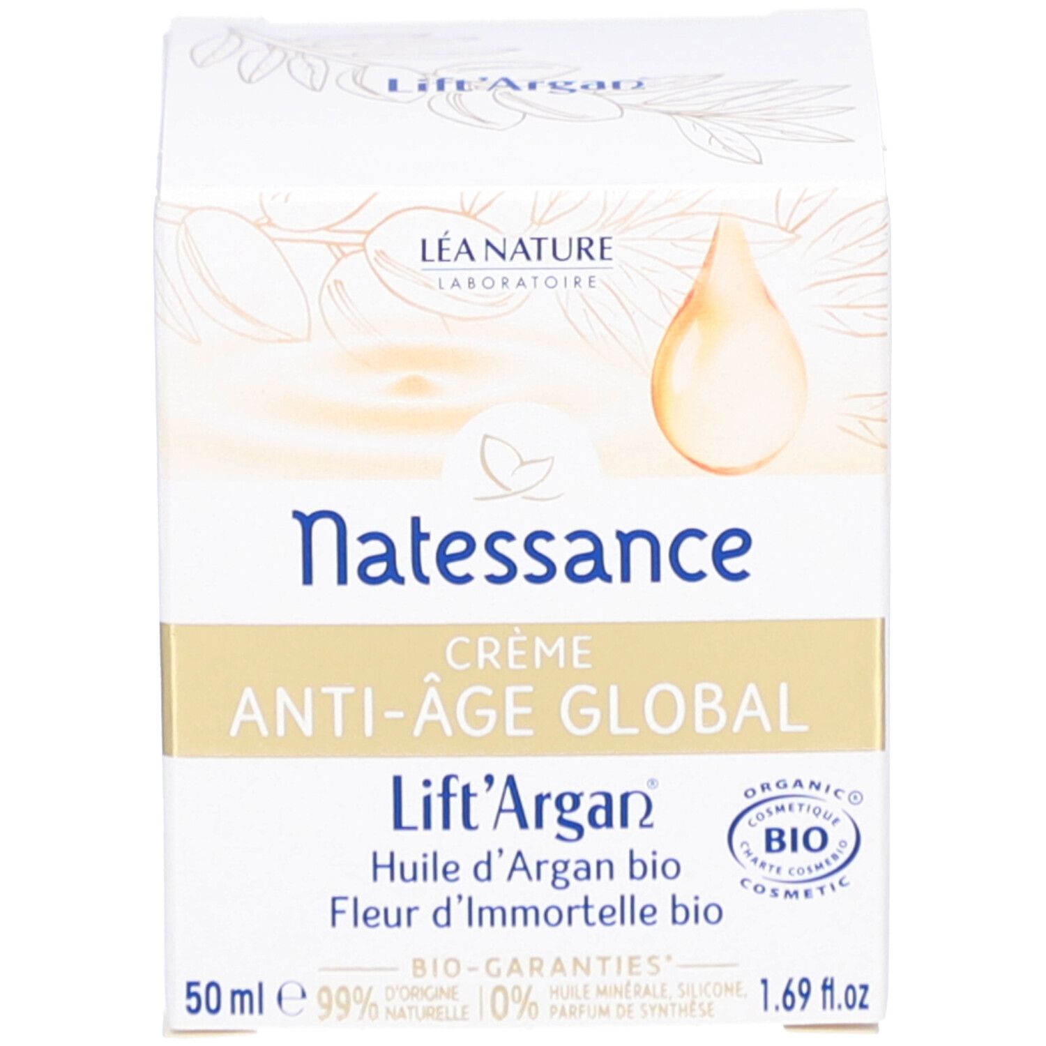 Emballage. Inscription : Natessance, Crème Anti-Âge Global, Lift'Argan. 50 ml, 1.69 fl.oz. Certification bio.