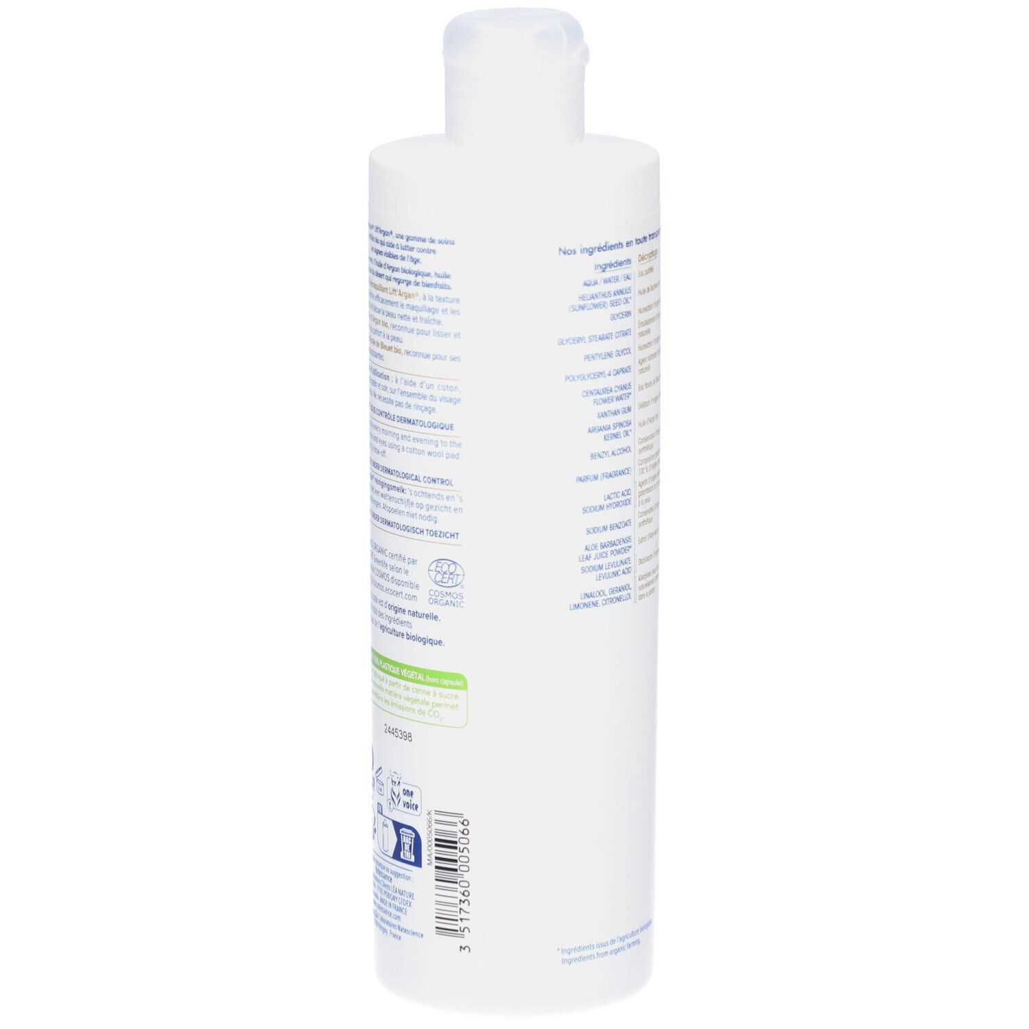 Dos d'un flacon blanc. Texte en français. Informations sur le produit et certifications.