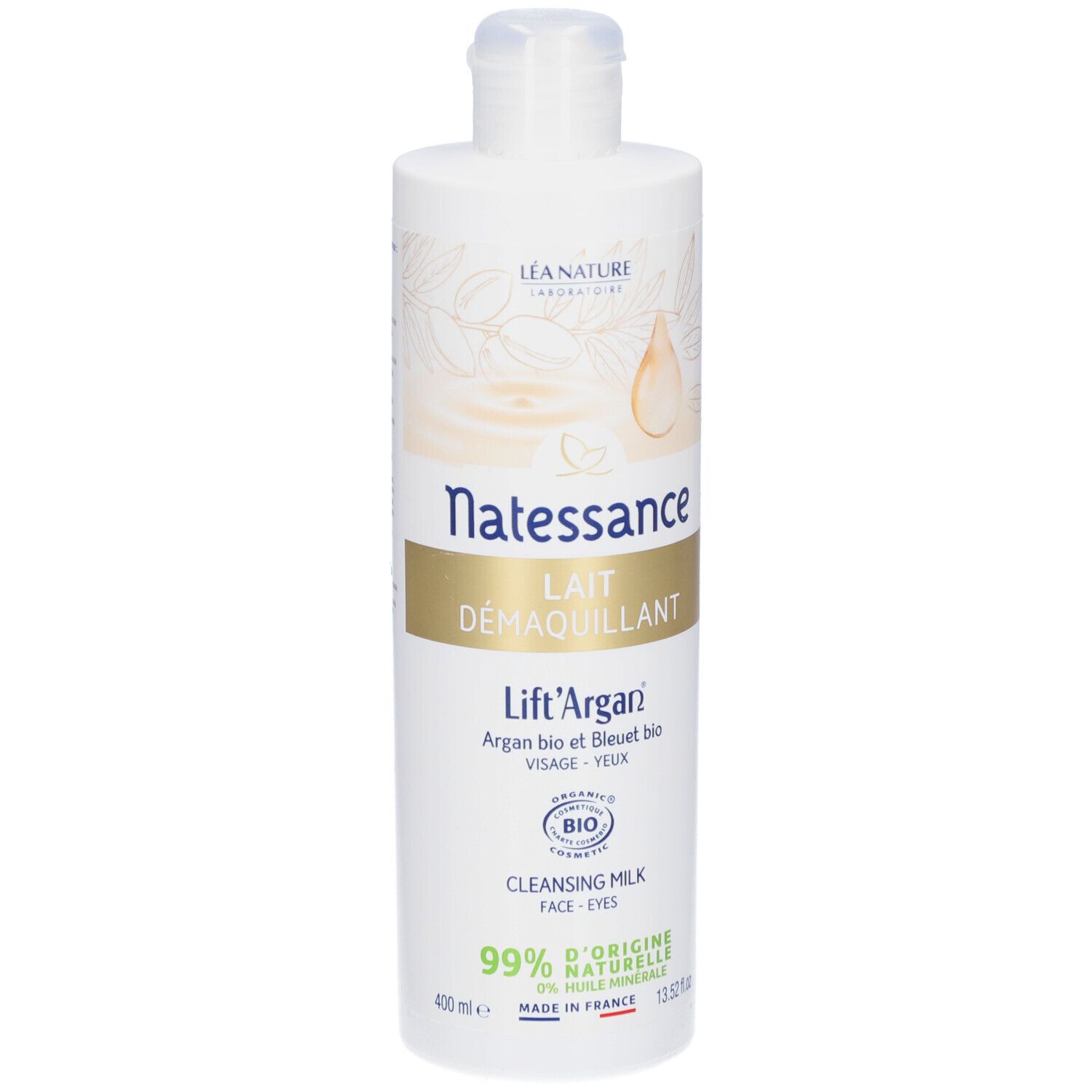 Flacon blanc avec étiquette. Inscription: Natessance Lait Démaquillant Lift'Argan. Certification bio.