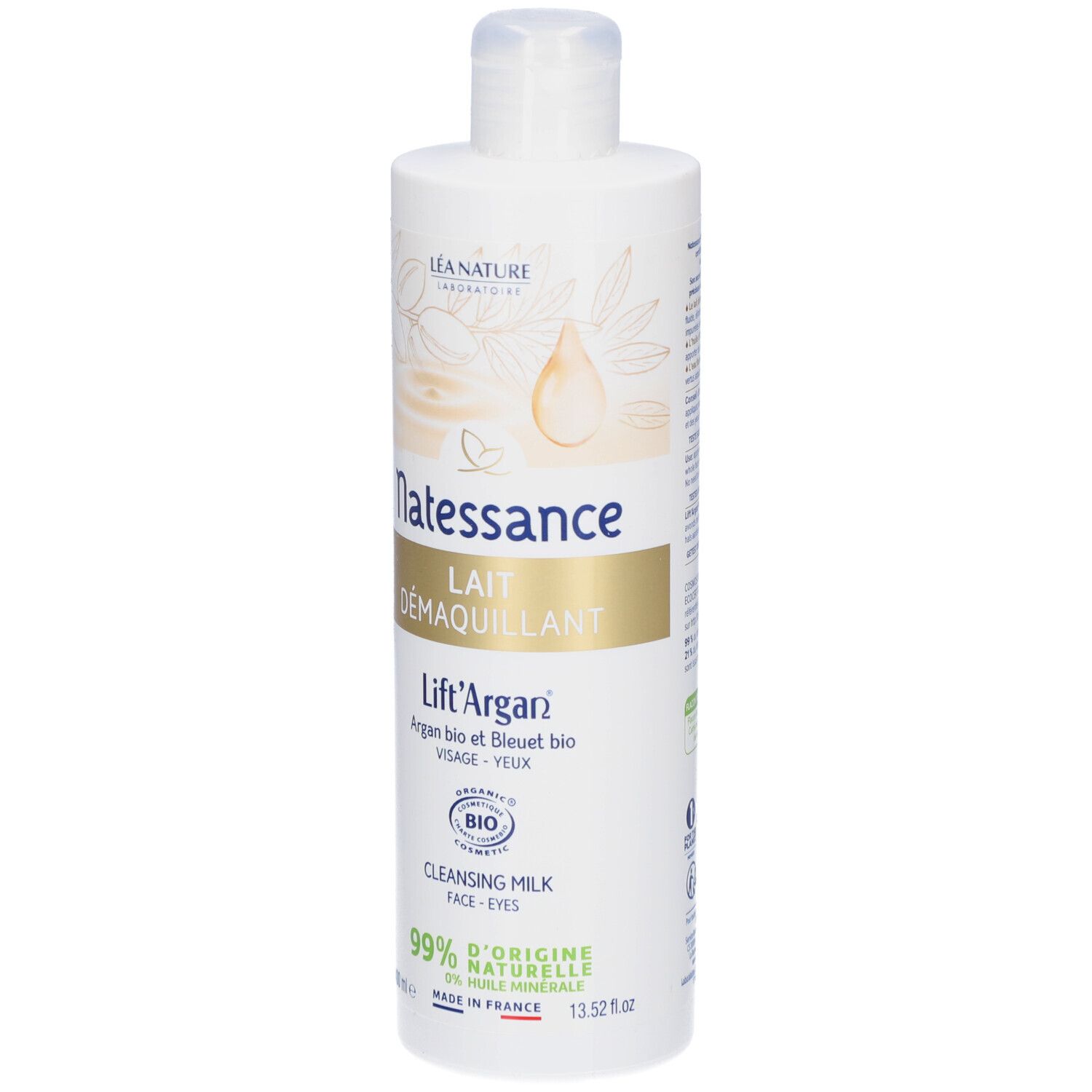 Flacon blanc avec étiquette. Inscription: Natessance Lait Démaquillant Lift'Argan. Certification bio.