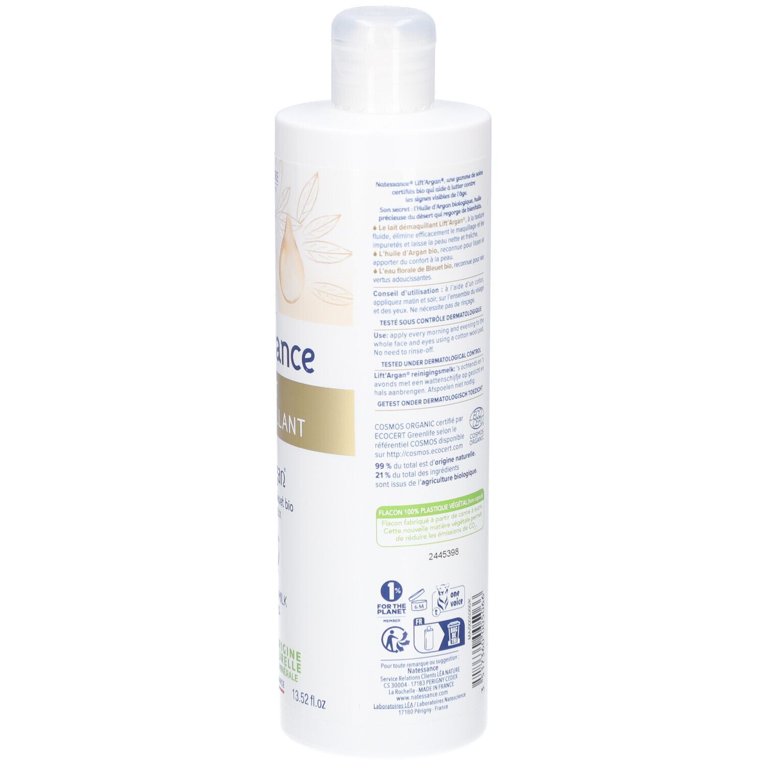 Dos d'un flacon blanc. Texte en français. Informations sur le produit et certifications.