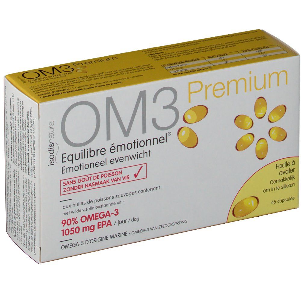OM3 Équilibre émotionnel Premium: Boîte de 45 capsules, 90% Oméga-3, 1050 mg EPA.
