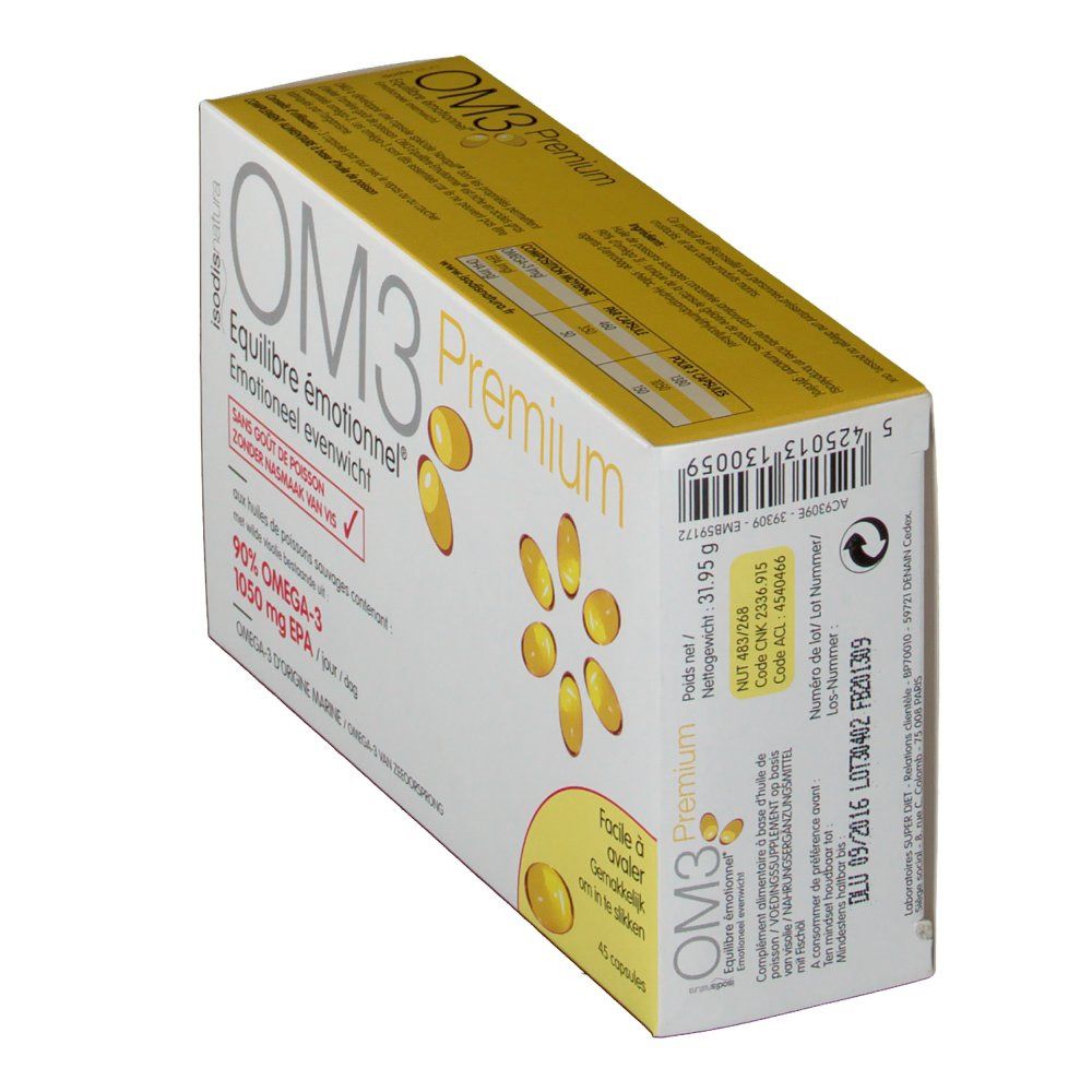OM3 Équilibre émotionnel Premium: Boîte de 45 capsules, 90% Oméga-3, 1050 mg EPA.