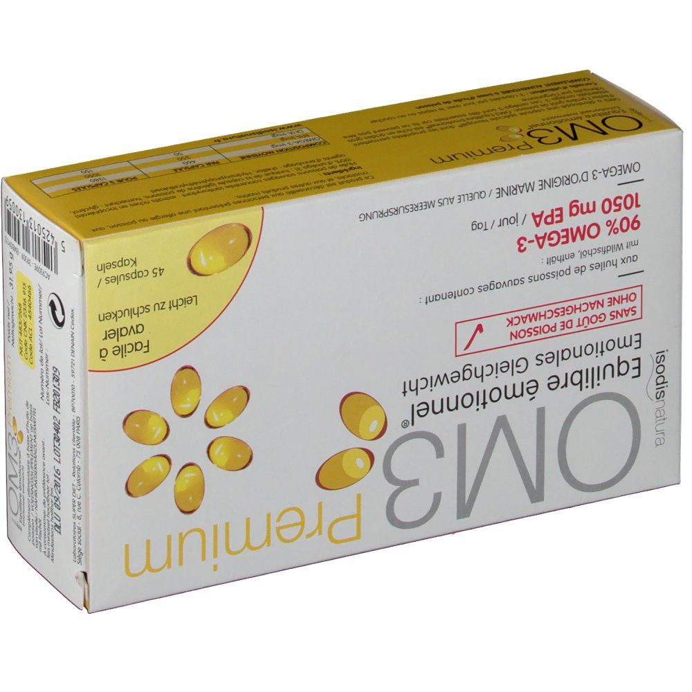 OM3 Équilibre émotionnel Premium: Boîte de 45 capsules, 90% Oméga-3, 1050 mg EPA.