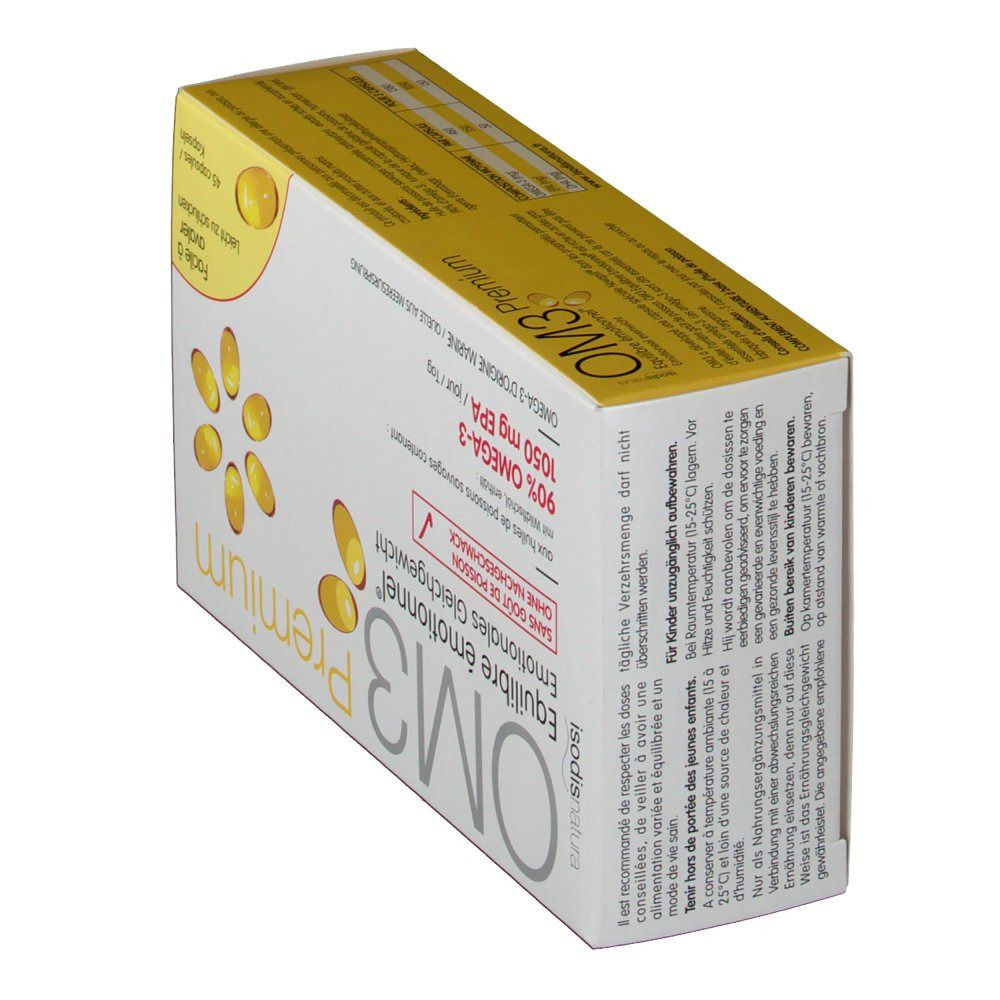 OM3 Équilibre émotionnel Premium: Boîte de 45 capsules, 90% Oméga-3, 1050 mg EPA.