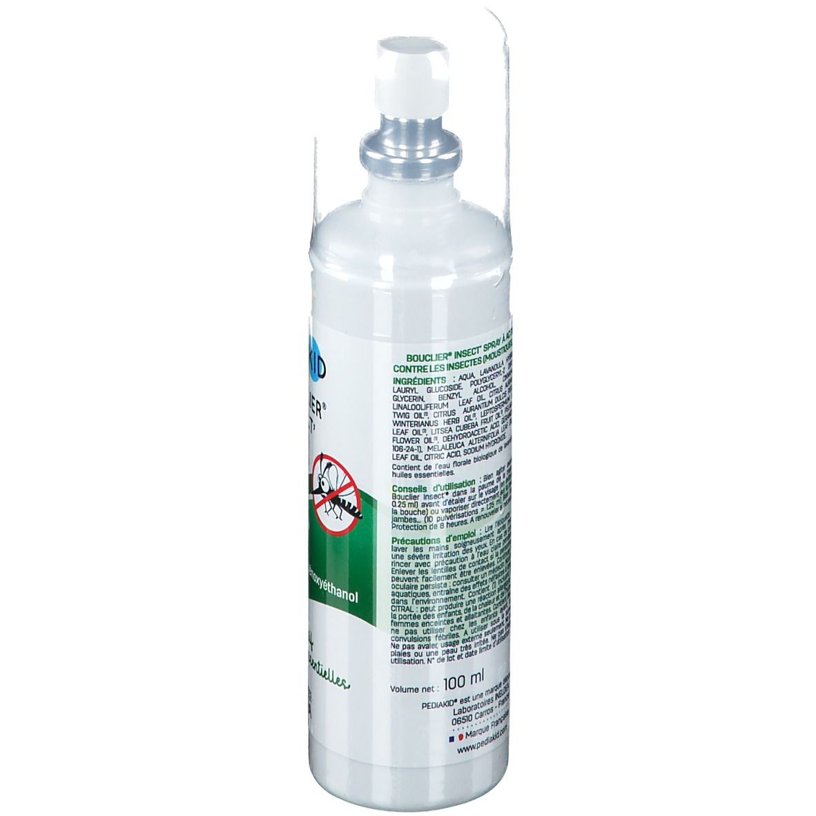 Spray Pediakid Bouclier Insect'. Dos avec ingrédients et conseils d'utilisation. Bouchon transparent. Volume net: 100 ml.