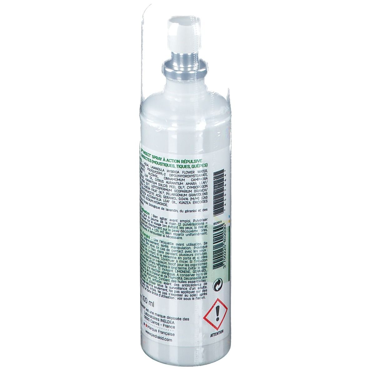 Spray Pediakid Bouclier Insect'. Dos avec ingrédients et conseils d'utilisation. Bouchon transparent. Volume net: 100 ml.