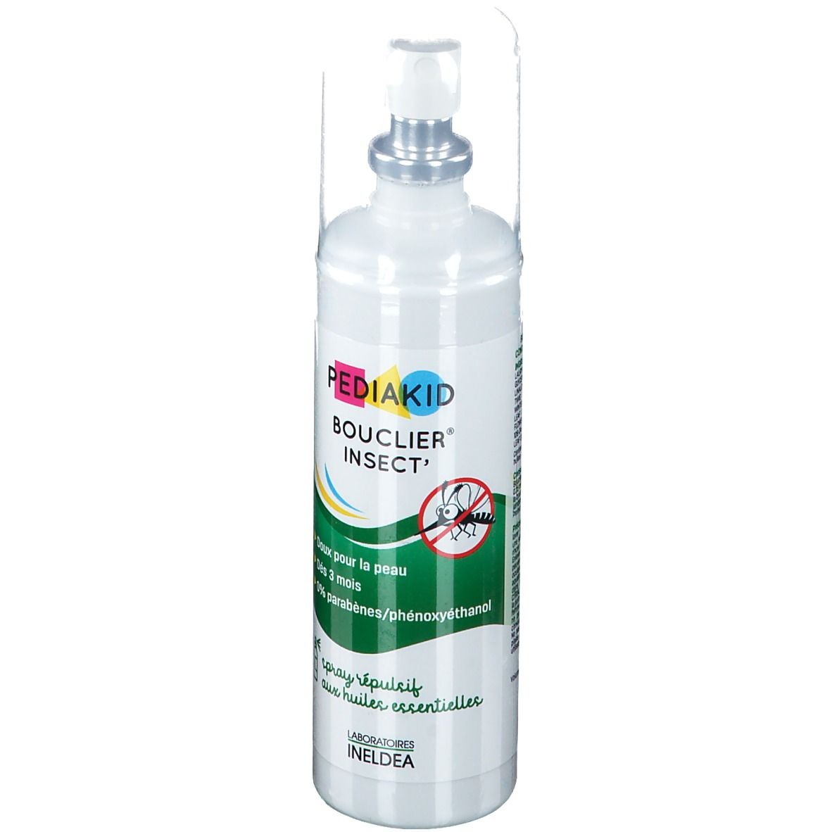 Spray blanc Pediakid Bouclier Insect'. Bouchon transparent. Inscription: Doux pour la peau, Dès 3 mois, 0% parabènes/phénoxyéthanol.